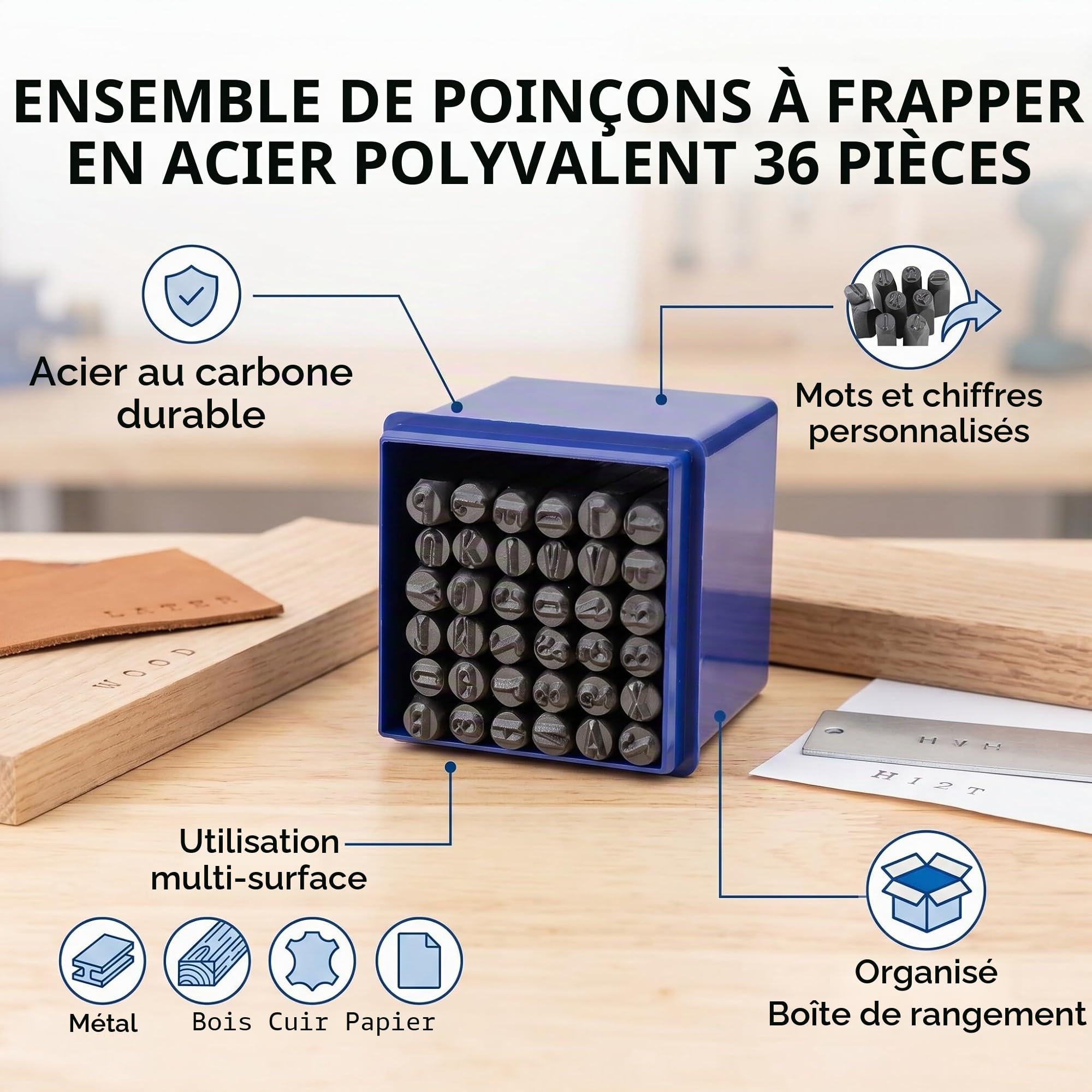 Lot de 36 poinçons à frapper avec chiffres et lettres de 0 à 9, de A à Z et de 5 mm
