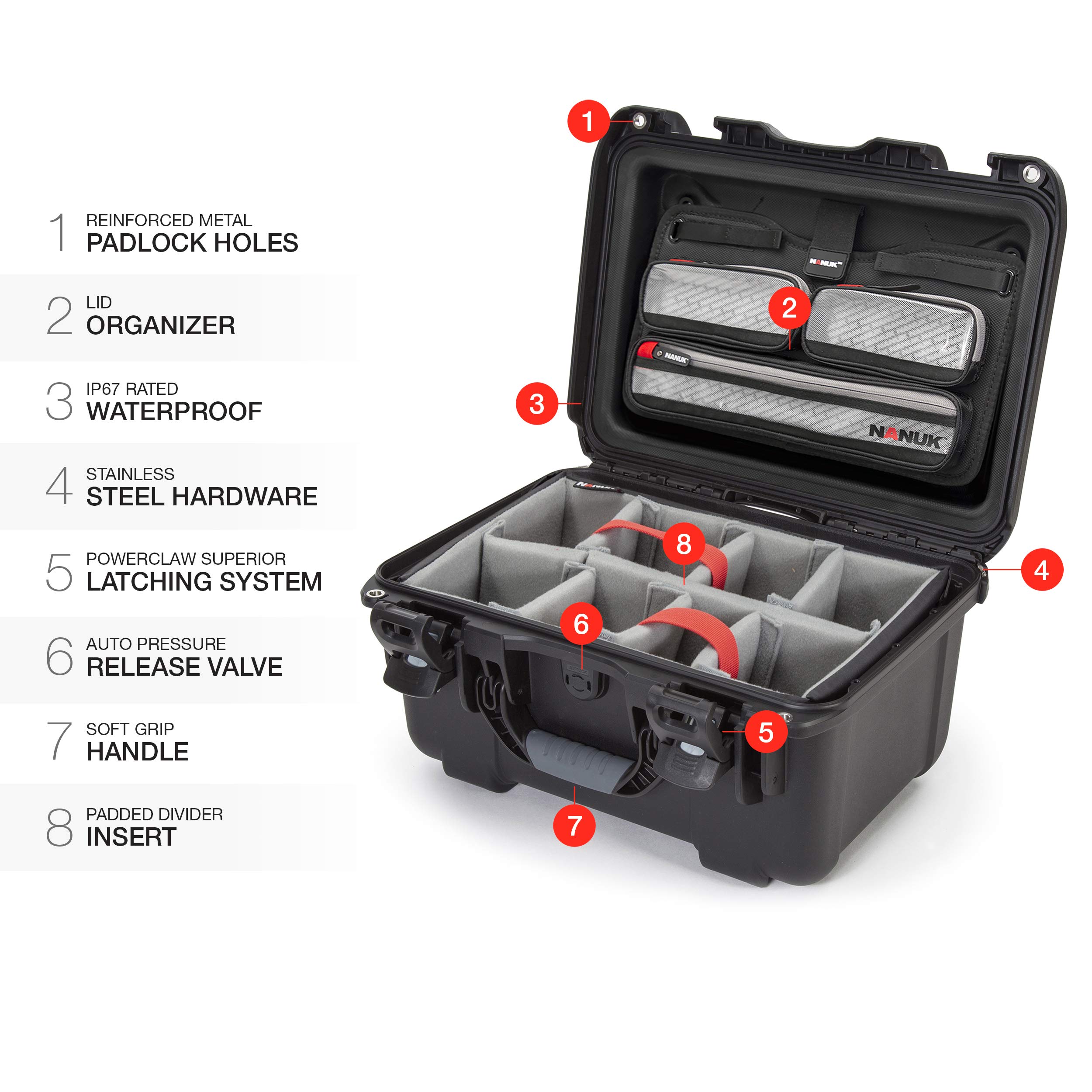 Nanuk 918 - Custodia rigida impermeabile con coperchio e divisorio imbottito, colore: Nero