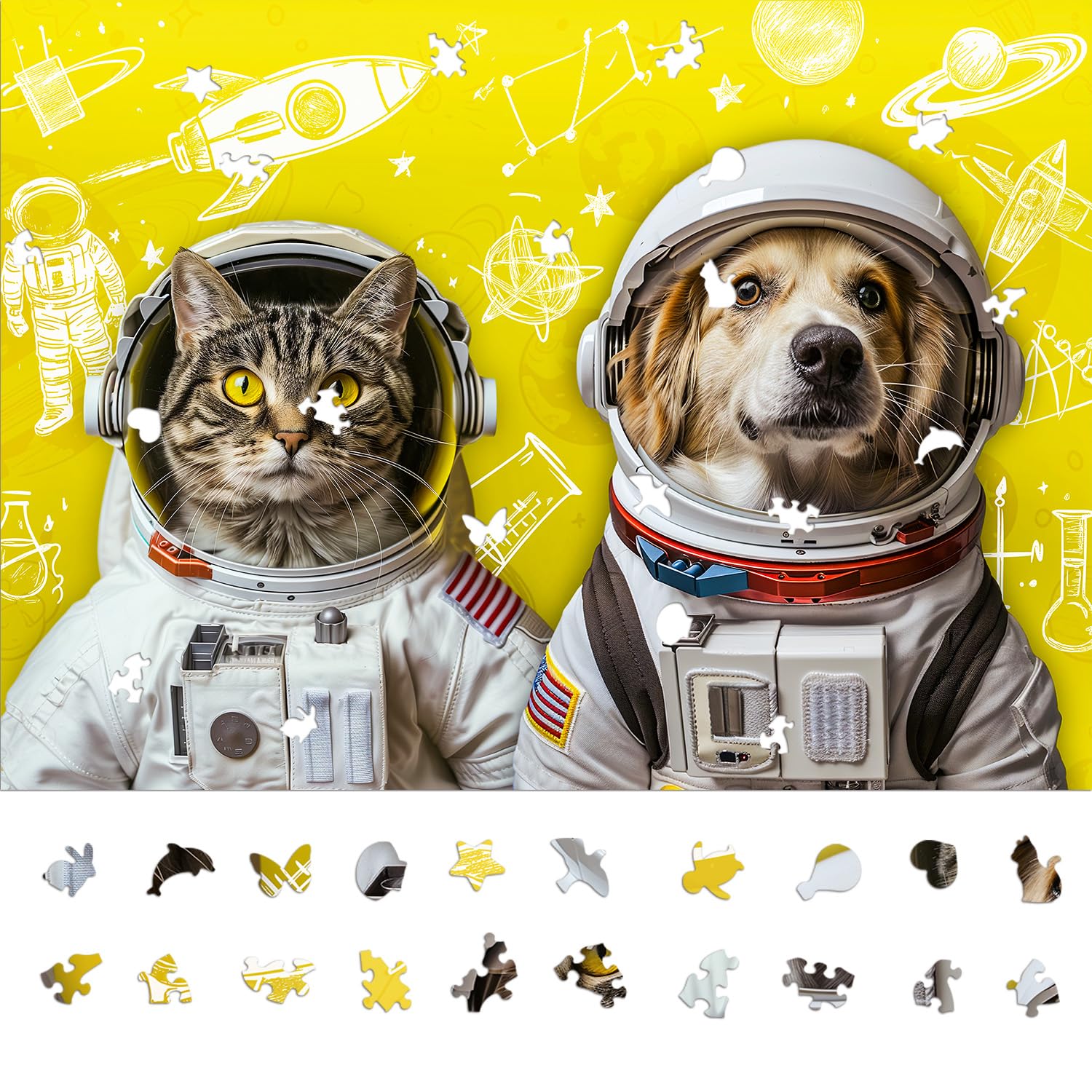 Naturelish Astronaut Dog Cat Jigsaw Puzzles for Adults 1000 Pieces, Fun Unique Challenging Shape Difficult Fun Puzzle for Game, Family, Friends, Puzzle, Size: 26.6 x 19.2