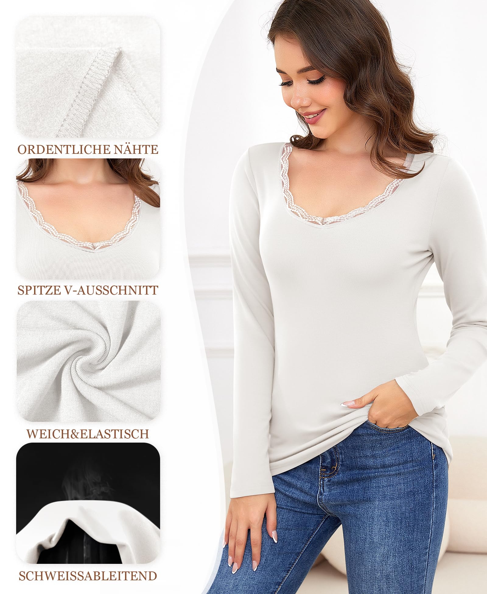 Thermounterwäsche Damen Langarmshirt Thermo Unterwäsche Basic Thermoshirt Thermo Oberteil Spitze V-Ausschnitt Thermowäsche Unterhemd Langarm Thermal Innenfleece Winter Shirt