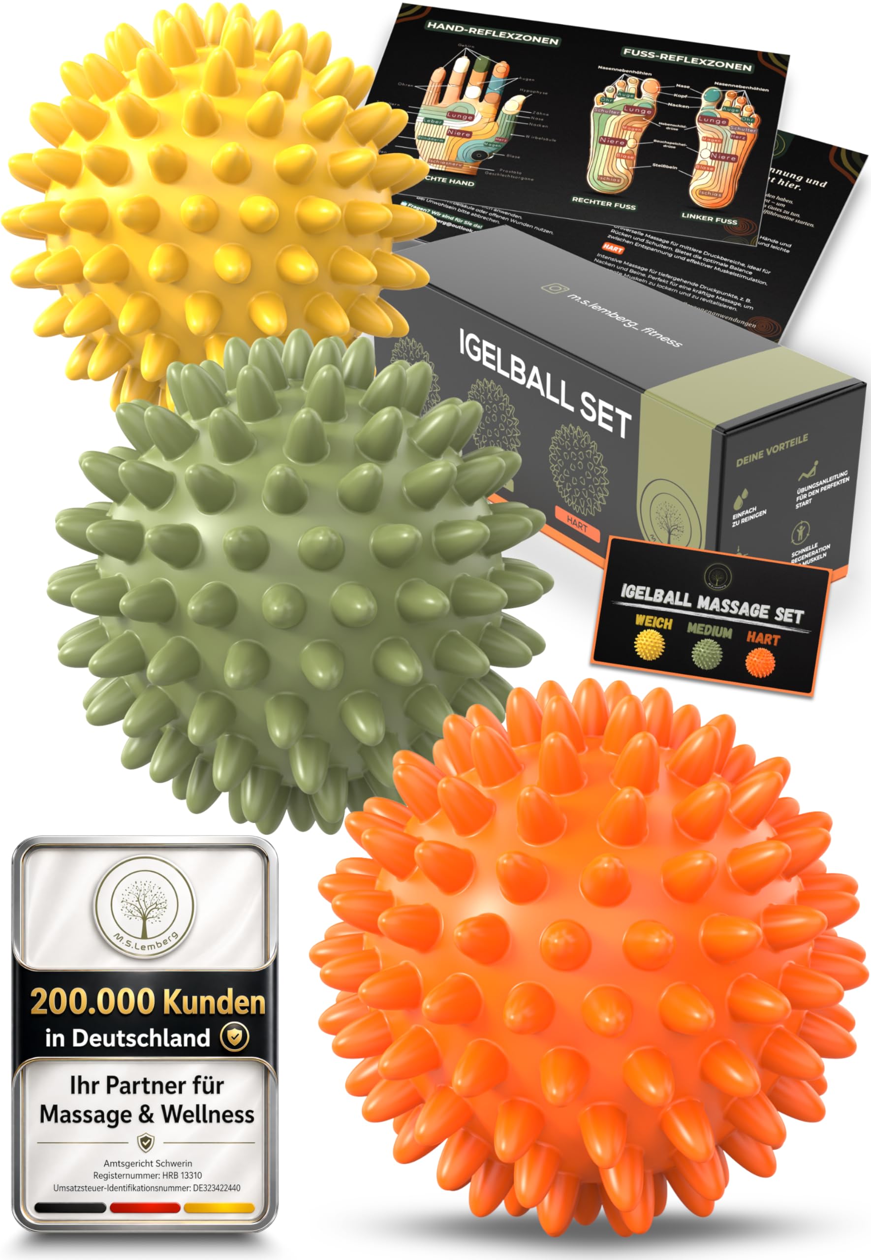 M.S.Lemberg Hedgehog Ball Massage Set [3 Hardness] - Massage Ball for Reflex Zones Foot Massage Back Neck Hand Foot - Nub Ball with Nubs Small - Relaxation Gift - Hard, Medium & Soft-image-2