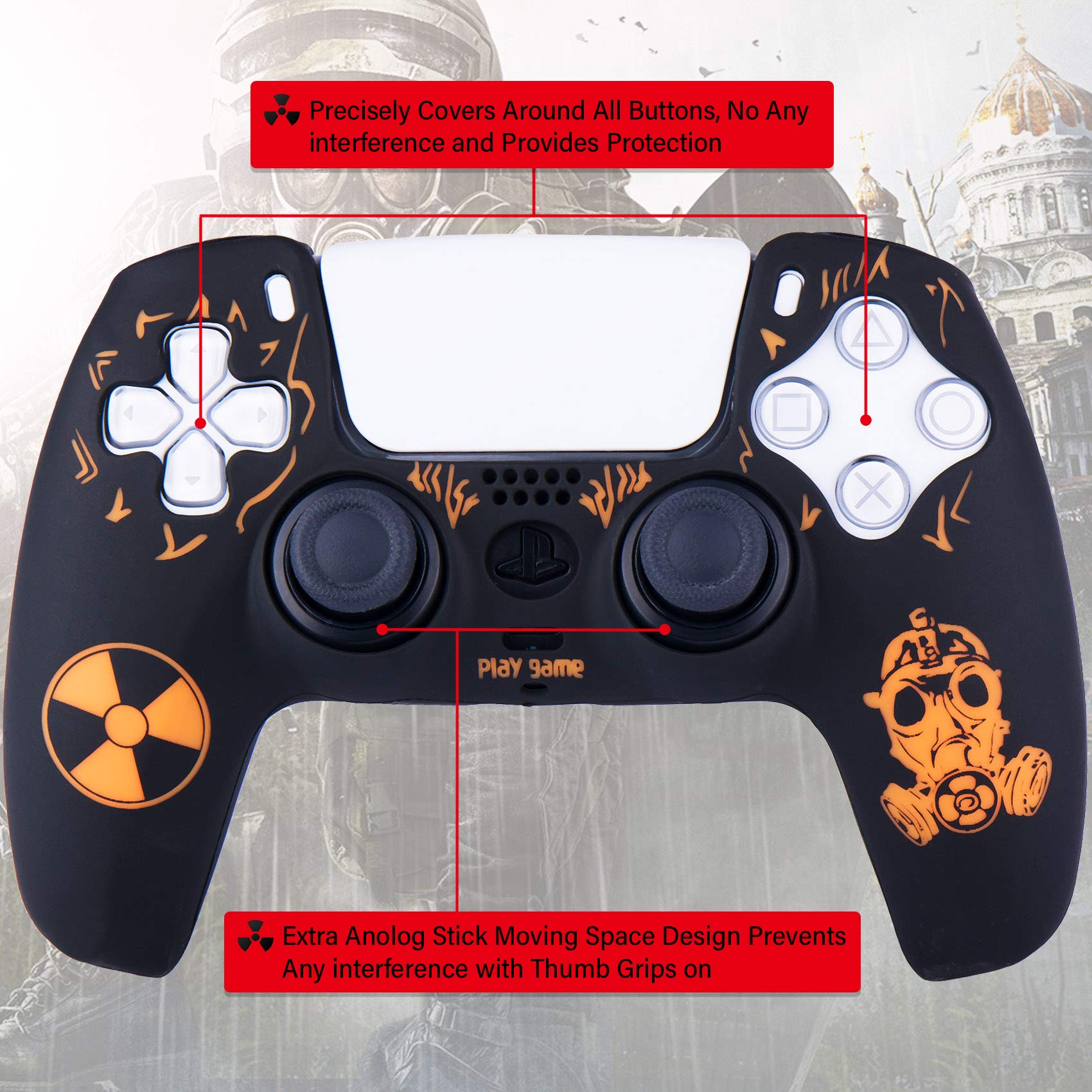 Yorha Tachonado Talla Láser Silicona Caso Piel Fundas Protectores Cubierta para PS5 Mando x 1 (Radiación Naranja) con Pro los puños Pulgar Thumb Gripsx 8