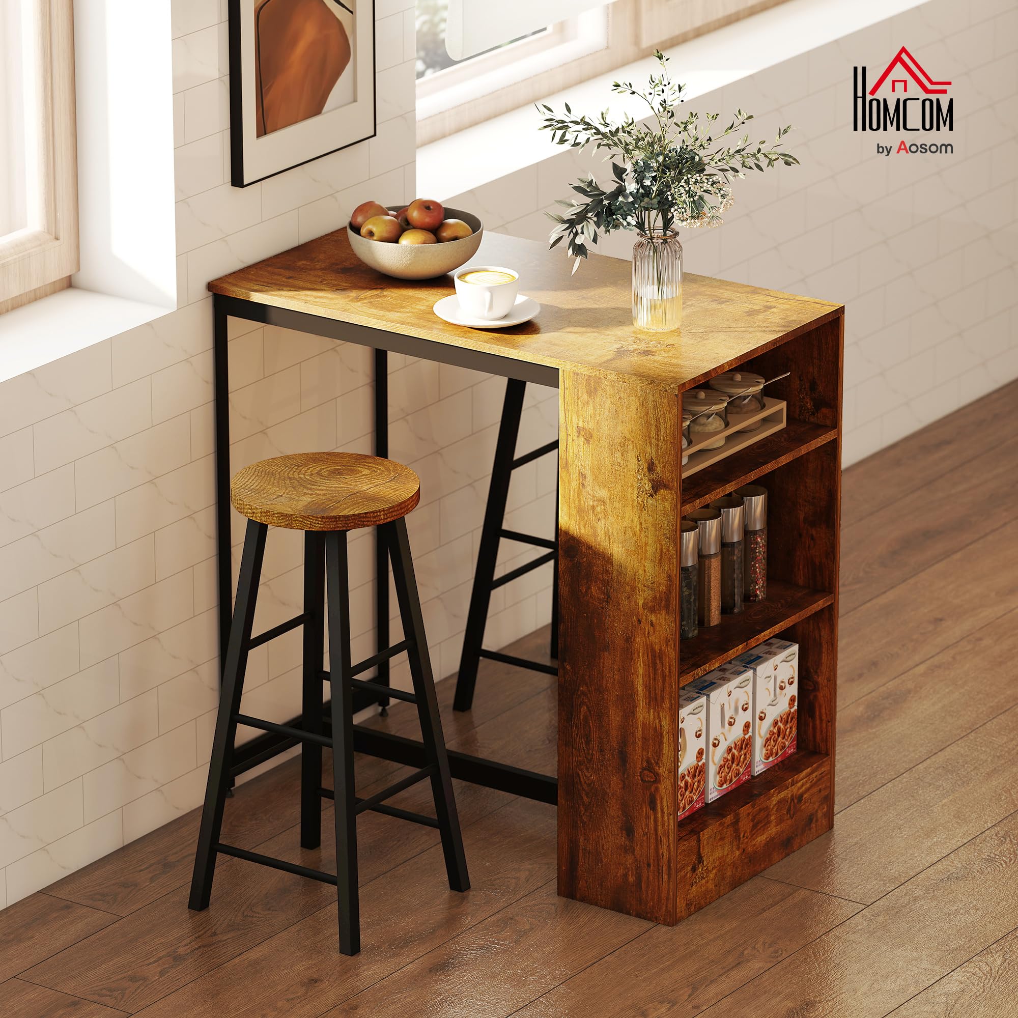 HOMCOM Set da Pranzo con Bancone da Bar e 2 Sgabelli Alti, Tavolo Alto con 3 Ripiani Laterali e Sgabelli con Poggiapiedi Stile Industriale, Marrone
