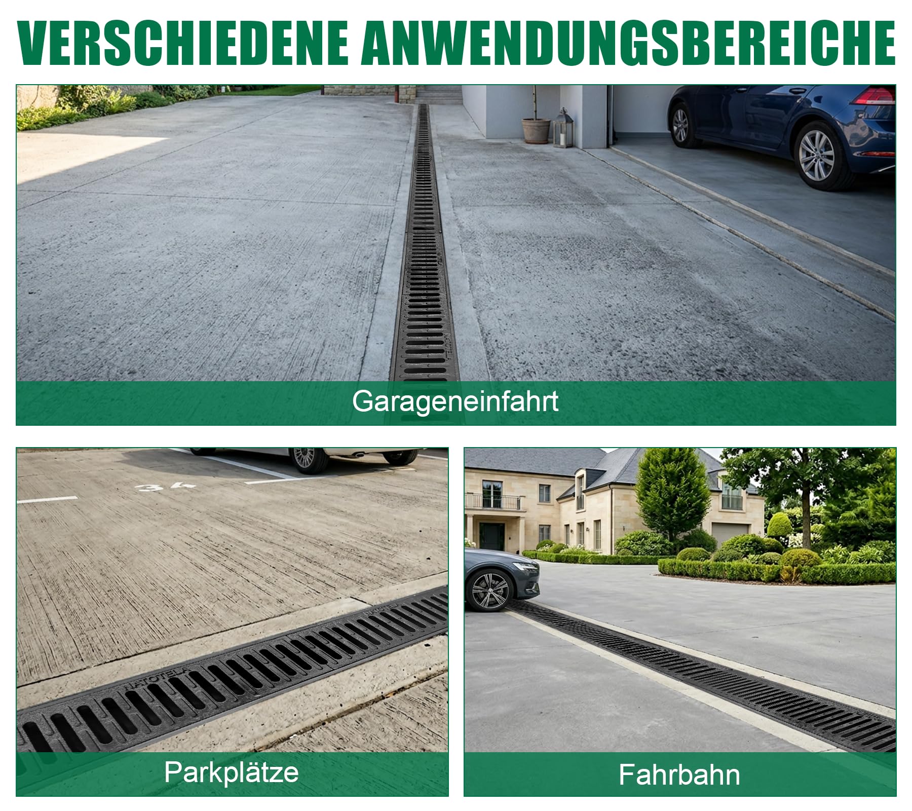 3m Entwässerungsrinne mit B125 Gussrost GJS belastbar bis 12,5 t - 500 x 140 x 100 mm - Bodenrinne Ablaufrinne für Garage Hofeinfahrt Parkplatz - Witterungsbeständig Robust Befahrbar Modular