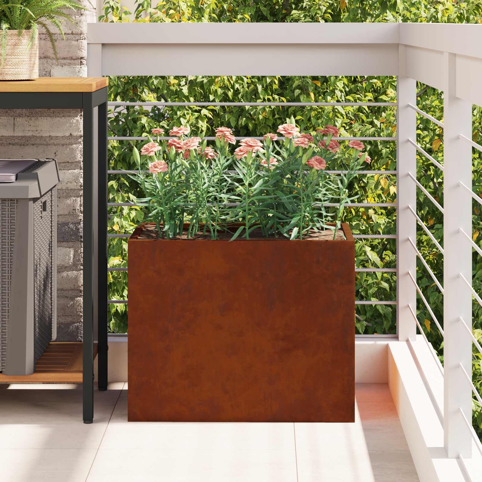 Cache-Pot de Jardin en Acier patiné 50 x 32 x 40 cm, bac Contenant Plante pour Balcon terrasse extérieur, jardinière Robuste avec Drainage, Support idéal pour Fleurs succulentes