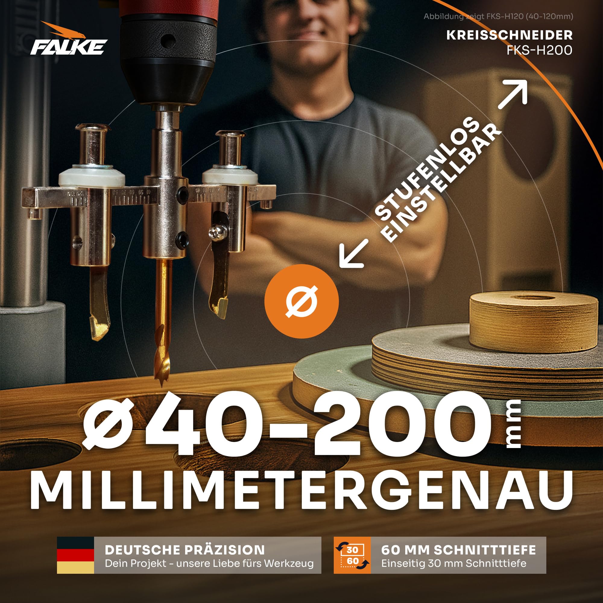 Falke Kreisschneider FKS-H 200 - Universal für Holz, Kunststoff, Gipskarton | Durchmesser stufenlos einstellbar (40-200 mm) - Verstellbare Lochsäge