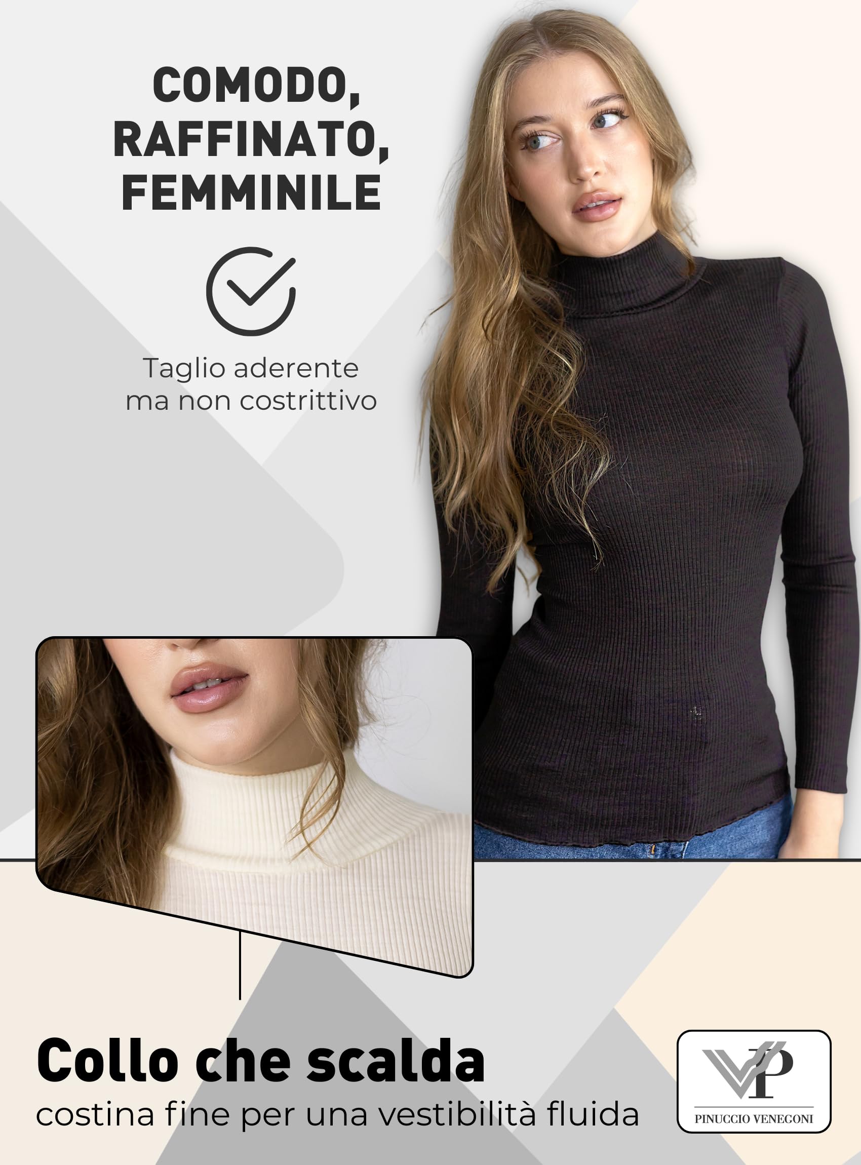 VP PINUCCIO VENEGONI Lupetto Donna Manica Lunga Lana e Seta 85%/15% | Maglia Intima Termica a Costine, Collo Alto Dolcevita, Invernale, Made in Italy