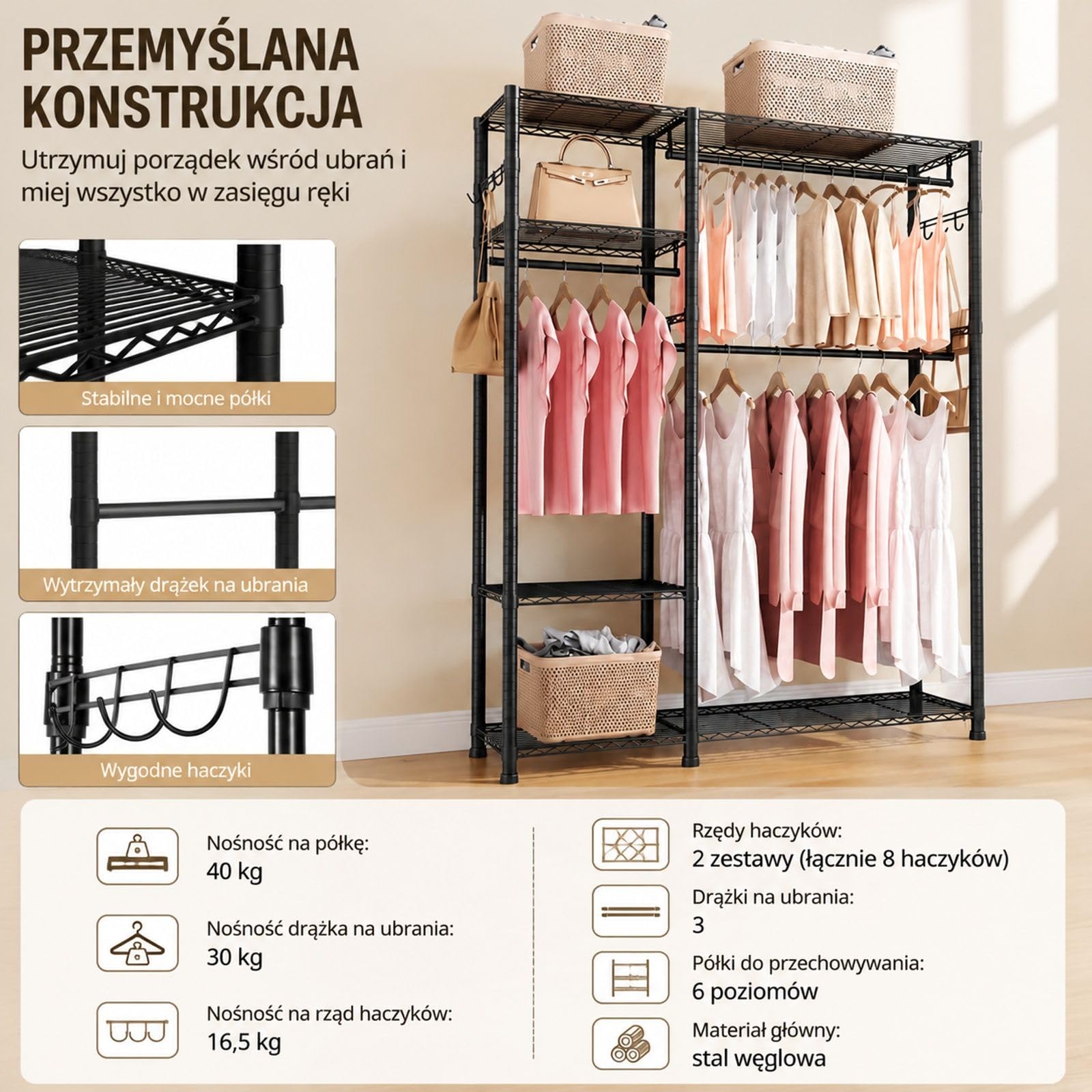 Regulowany wieszak na ubrania ze stali węglowej, 3 drążki, 6 półek i 8 haczyków, otwarta szafa do sypialni, sklepu i korytarza