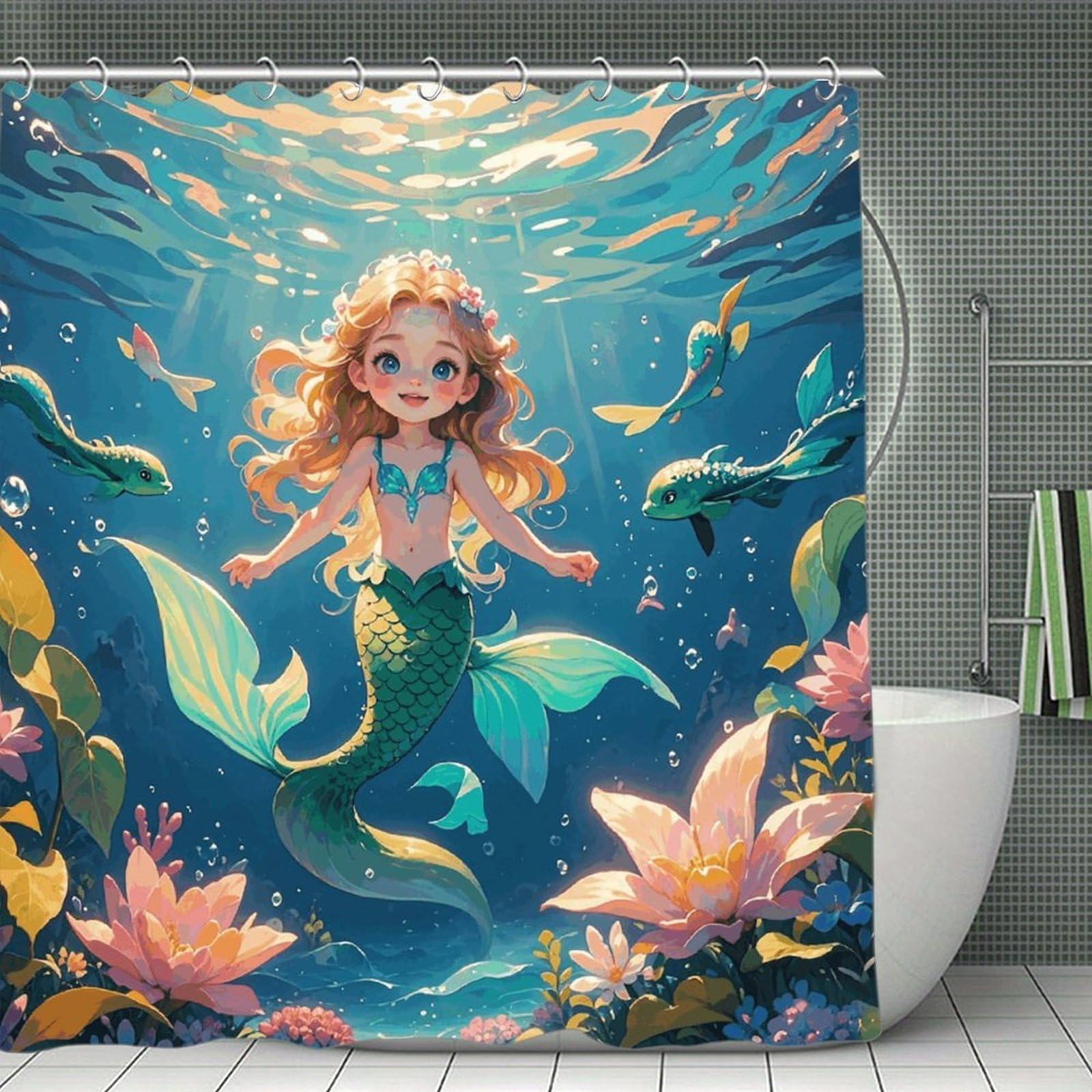 QMNLKH Mermaid Shower Curtain with Hooks, Waterproof Bath Curtains for Bathroom, Lightweight Bath Curtains Liner for Hotel, Personalized Bath Curtain for Spa, 70.8 Inch