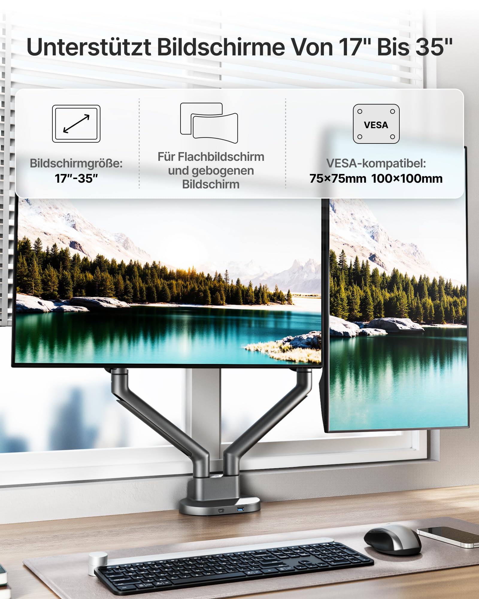 monTEK Brazo Monitor Doble de 17 a 35 Pulgadas con USB A/C 3.0 | Soporte de Doble Pantalla Resistente, Ajustable con Muelle hasta 11kg, VESA 75/100mm, Inclinable y Giratorio, Gris Oscuro