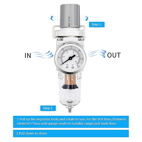 Miniatura 37 de NANPU Regulador de filtro de aire comprimido NPT de 1/2 pulgada combinado a cuestas, elemento de latón de 5 micrones, cuenco de polietileno, drenaje