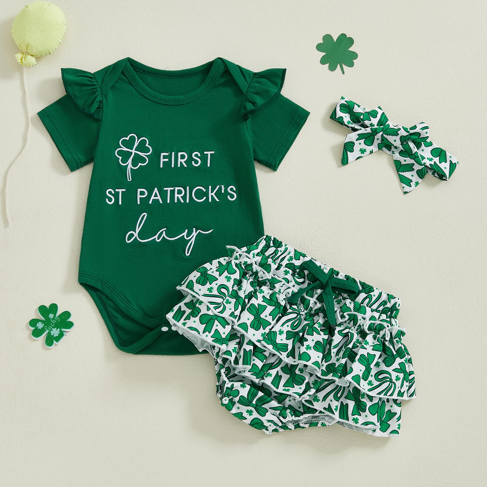 KtwHarnu My 1st St Patricks Day Baby Girl Outfit Newborn Letter Short Sleeve Romper Clover Shorts Headband Set Summer Outfit (A-Green, 6-12 Months)