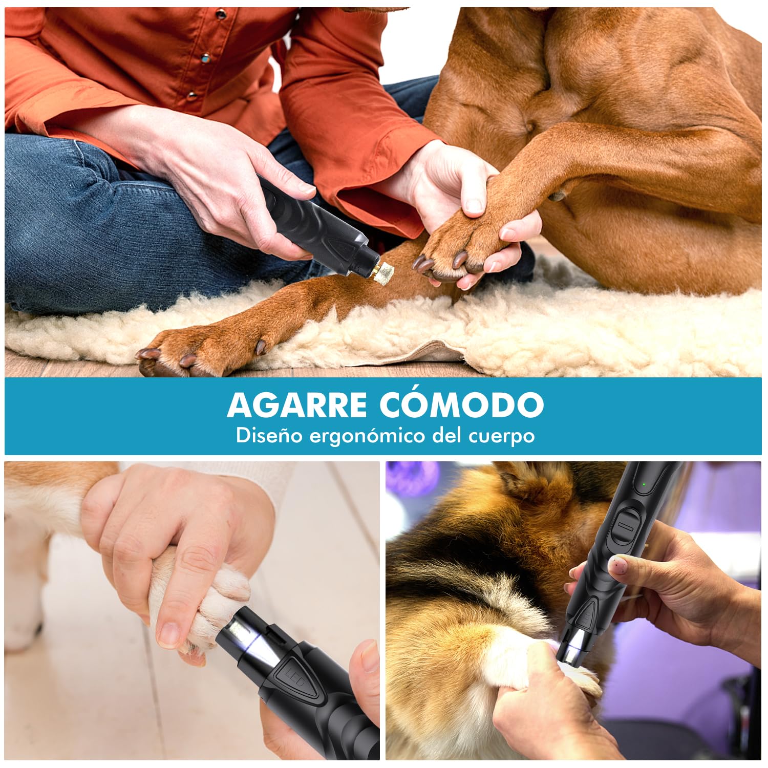 ETENTOUS Lima Uñas Perro Eléctrica, Último Lima para Perros Profesional con 3 Conexiones(con Cortauñas), 2 Velocidades con Luz Led, Lima de Uñas Electrico Perros Grandes, Medianos, Pequeños