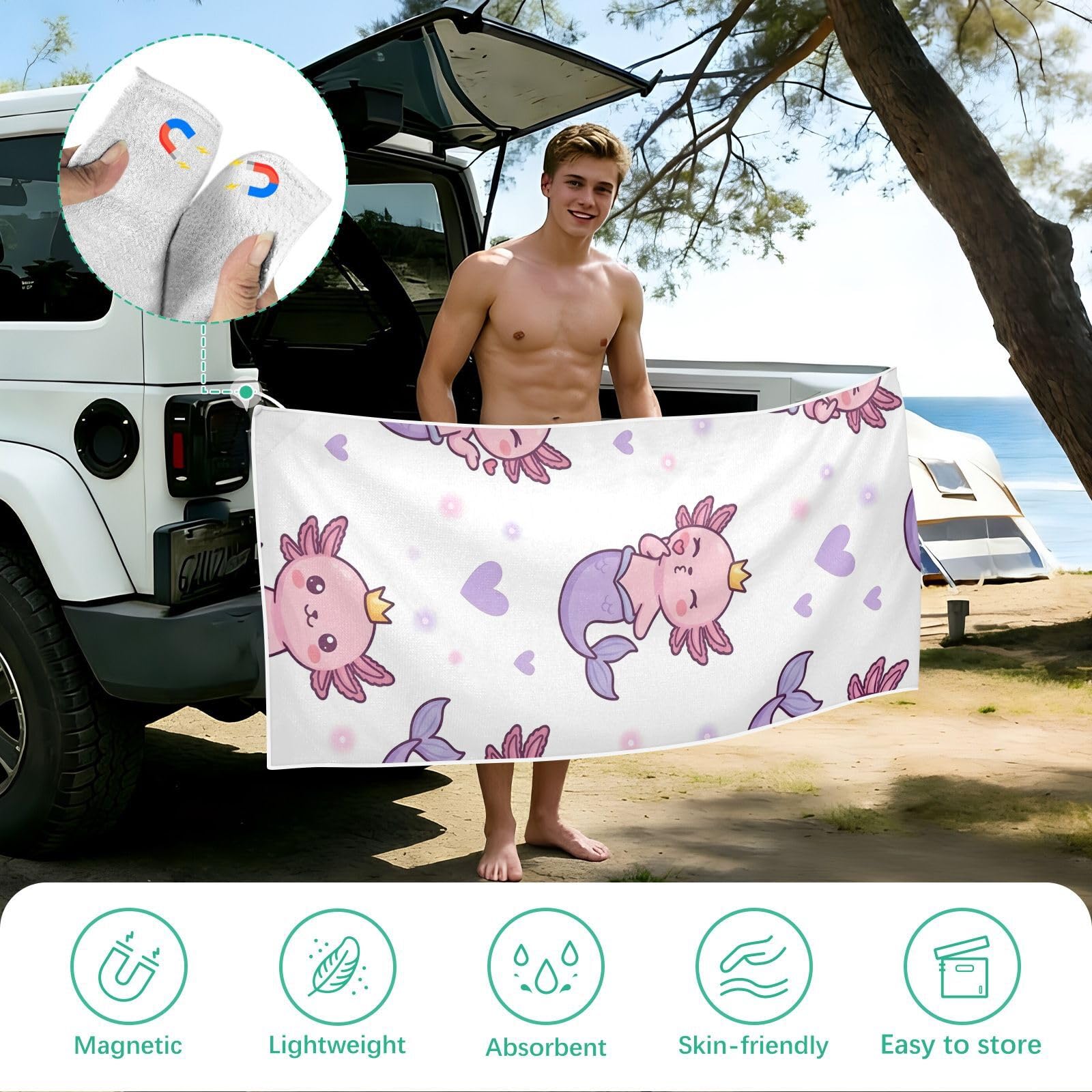Grande serviette de plage avec sacs en maille pour adultes, serviette de bain avec fermeture magnétique, anti-sable, absorbante à séchage rapide, pour piscine, camping et voyage, 190 x 80 cm