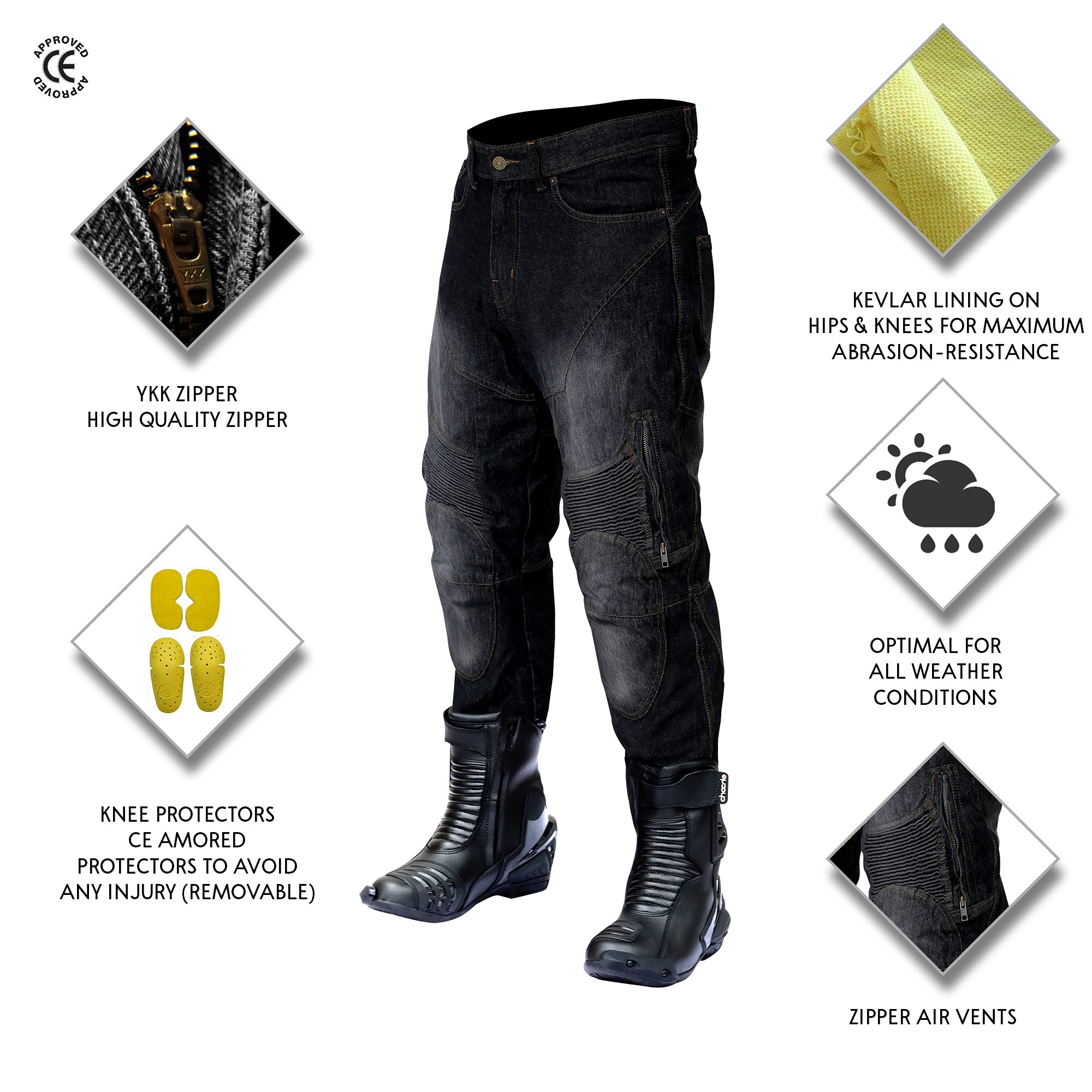 ChoCho Track Motorbike Jeans Denim Motorcycle Dirt Bike Pants Trousers Men CE Armored Riding Gear Pant (Black, 34)
