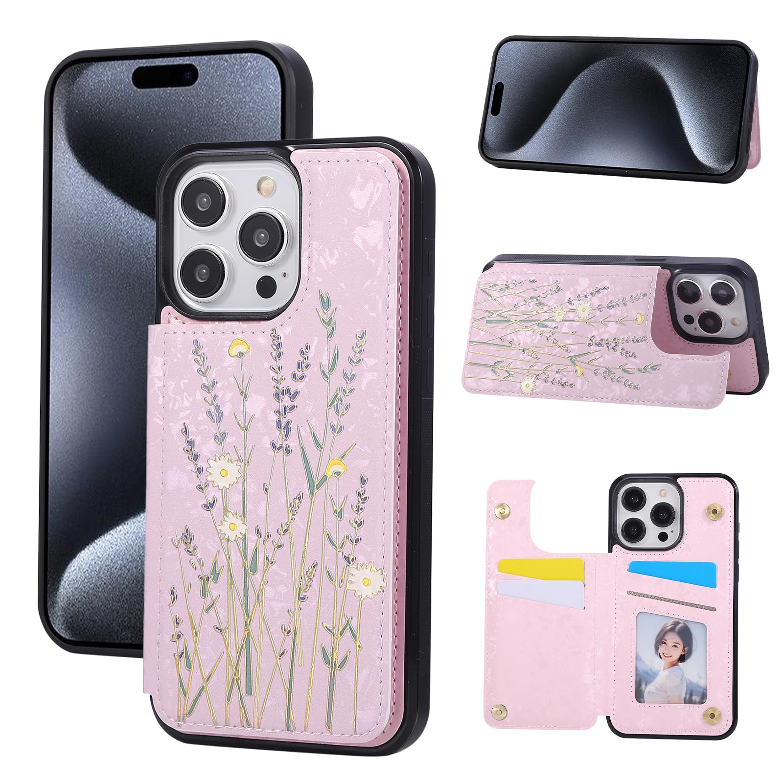 UEEBAI Wallet Case for iPhone 15 Pro Max with Card Holders, PU Leather Cover Kickstand RFID Blocking Double Magnetic Clasp Rilievo Flower Shockproof