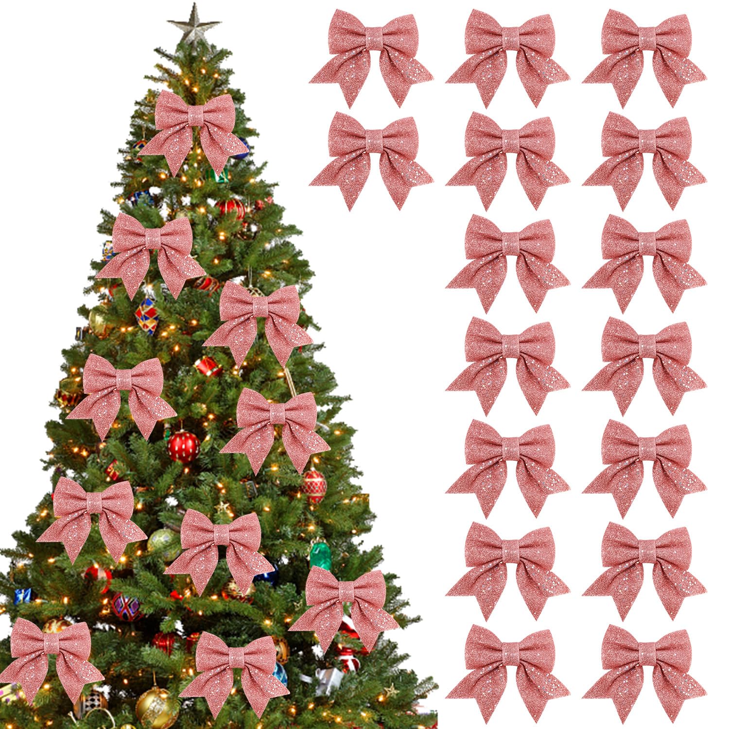 Cotepi 16 Lazos Arbol Navidad, Lazos Regalo, Lazo Purpurina, Decoracion Arbol Navidad, Adornos Navideños Decoración Regalos Casa (Rosa)