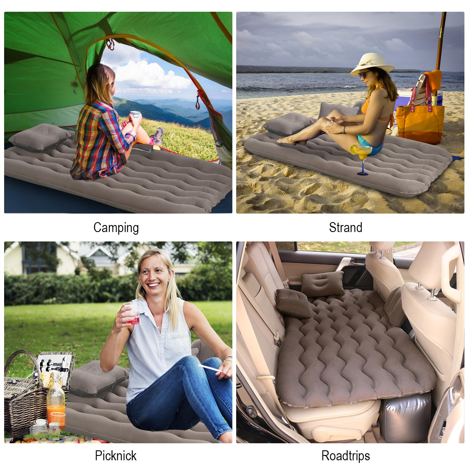 Auto Luftmatratze 128x70cm Aufblasbare Matratze für Rücksitz & Kofferraum, Tragbares Auto Reisebett inkl. 2 Kissen, Dickere Kofferraum-Matratze für Camping, Reisen und Outdoor Grau