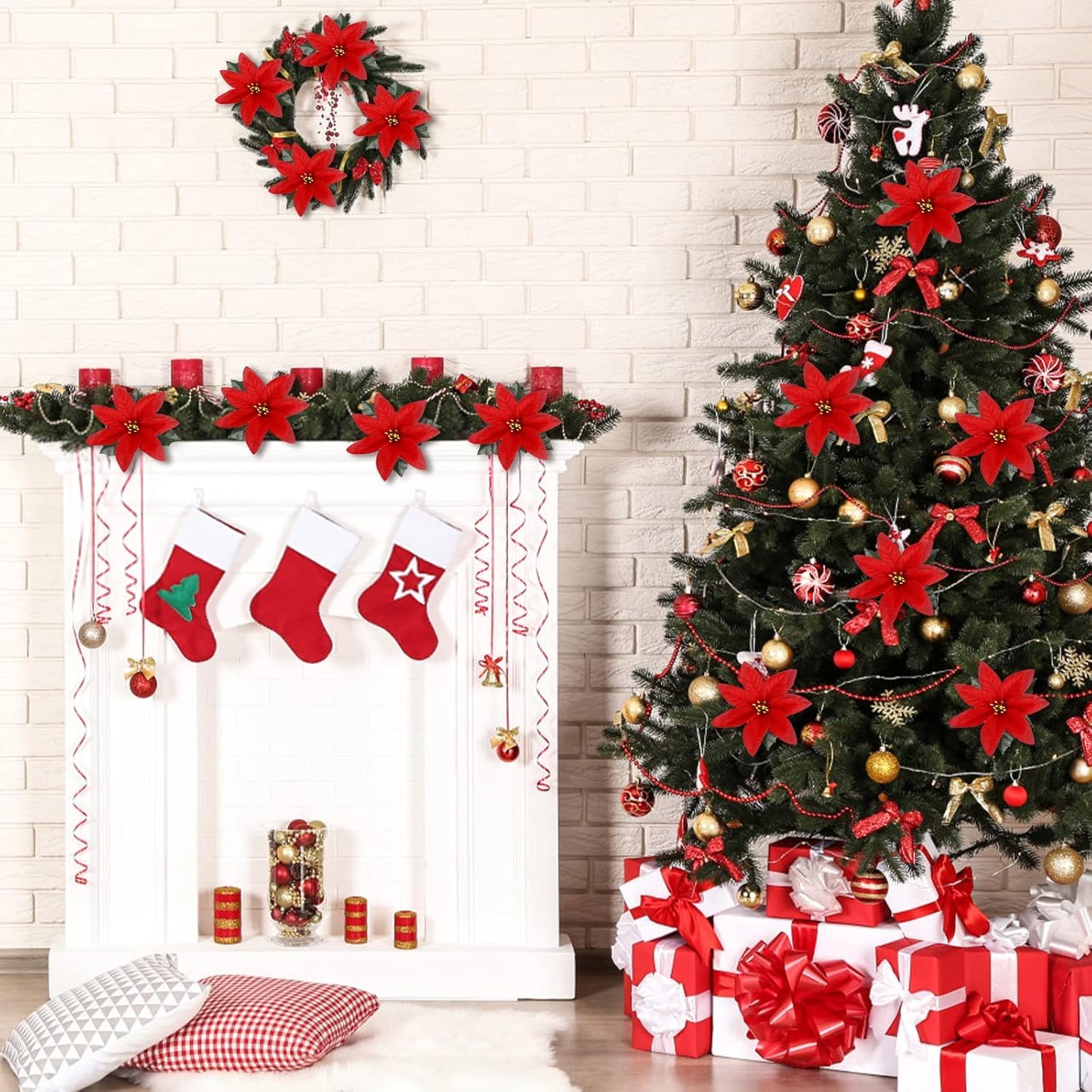 MARTINE MALL Paquete de 6 flores artificiales de Pascua con 7 cabezas, decoración de Navidad, ramo de flor de Pascua de terciopelo para árbol de Navidad, porche, hogar, jardín, decoración interior y
