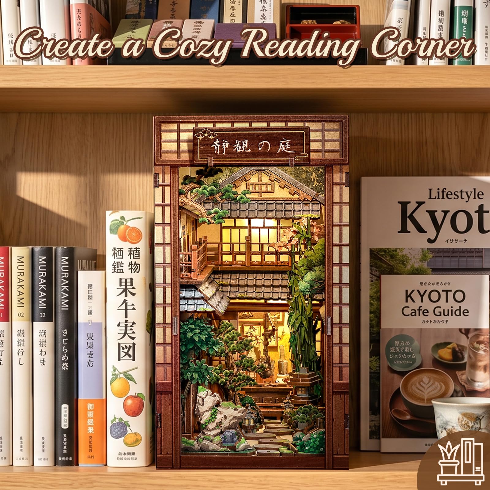 Fsolis Zestaw Book Nook Miniaturowy domek dla lalek - drewniane puzzle 3D dla dorosłych, dekoracja regału i prezent dla entuzjastów majsterkowania (ogród spokoju)