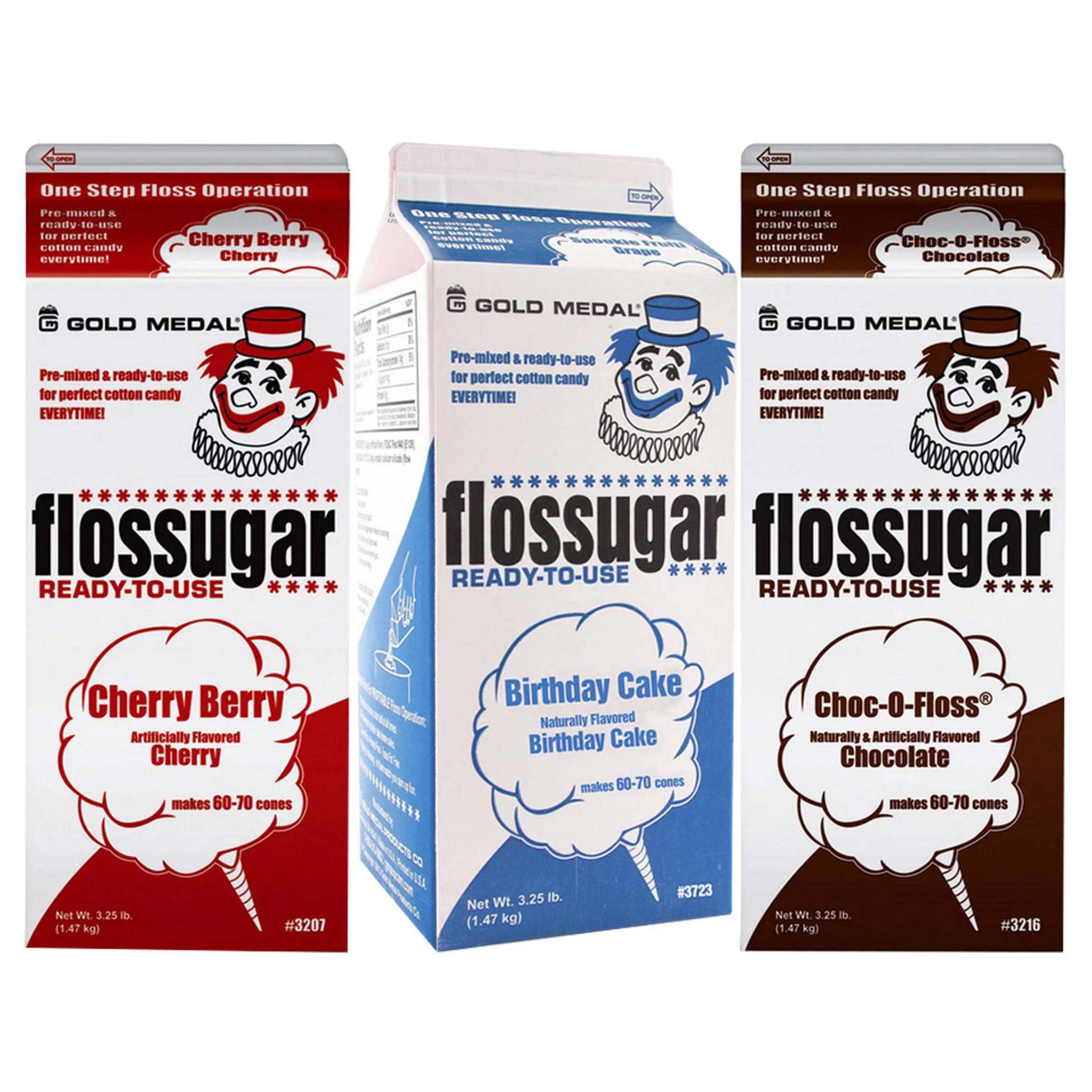 Cotton Candy Floss sugar Mix Flavors | Pack Of 3 | Cherry, and Birthday Cake, and Chocolate Flavors | 1/2 Gallon Cartons