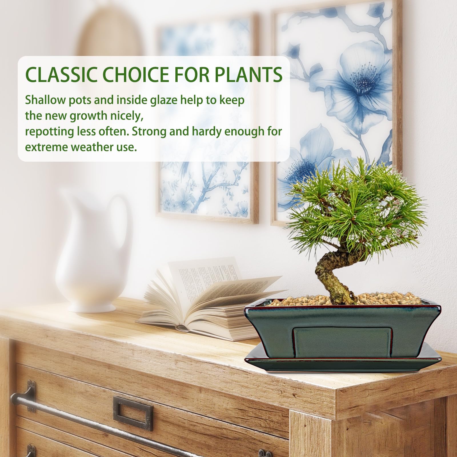 Zestaw 2 ceramicznych doniczek bonsai, z podstawką i otworami drenażowymi, do japońskich roślin pokojowych bonsai, dekoracja retro do zestawów pojemników ogrodowych na zewnątrz, średnica otworu 26 cm