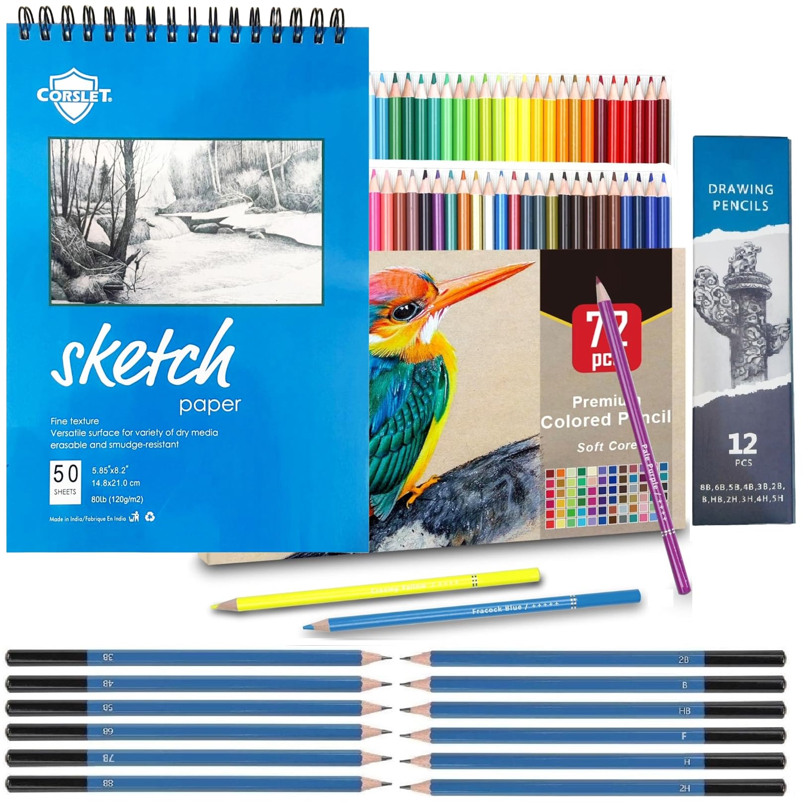 Corslet Set of 85 Art Supplies Drawing Kit 72 Colour Pencils Set 12 Pc Drawing Pencils Sketch Pencil Set A5 Sketch Book 50 Sheets 100 Pages Pencil Colours for Sketching Shading Charcoal Pencil Adults