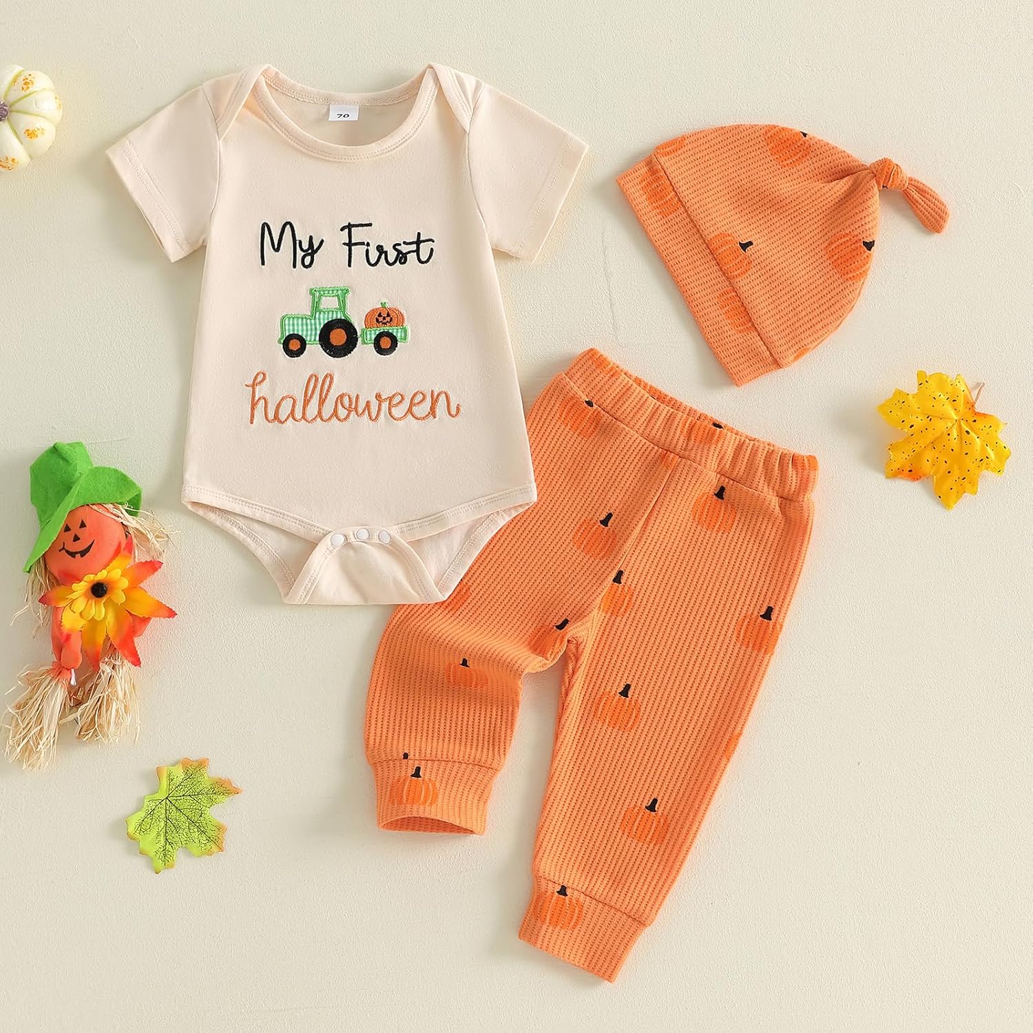 Rtnnsbbfcm My First Halloween Baby Boy Outfit Short Sleeve Romper Pumpkin Pants and Hat Set Newborn Halloween Clothes