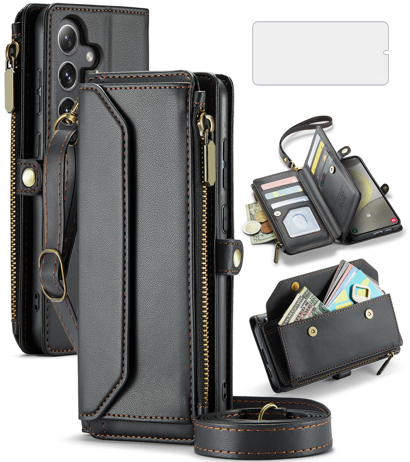 Asuwish Phone Case for Samsung Galaxy S24 5G Zipper Wallet Cover with Tempered Glass Screen Protector and Flip RFID Blocking Credit Cash Card Holder Cell Accessories S 24 24S GS24 G5 Women Girls Black