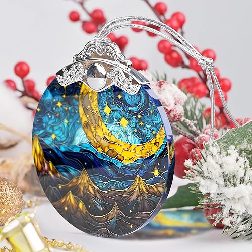 Miniatura 2 de Adorno colgante retro de luna y estrella, vitral, decoración de árbol de Navidad, adorno de vacaciones, idea de regalo