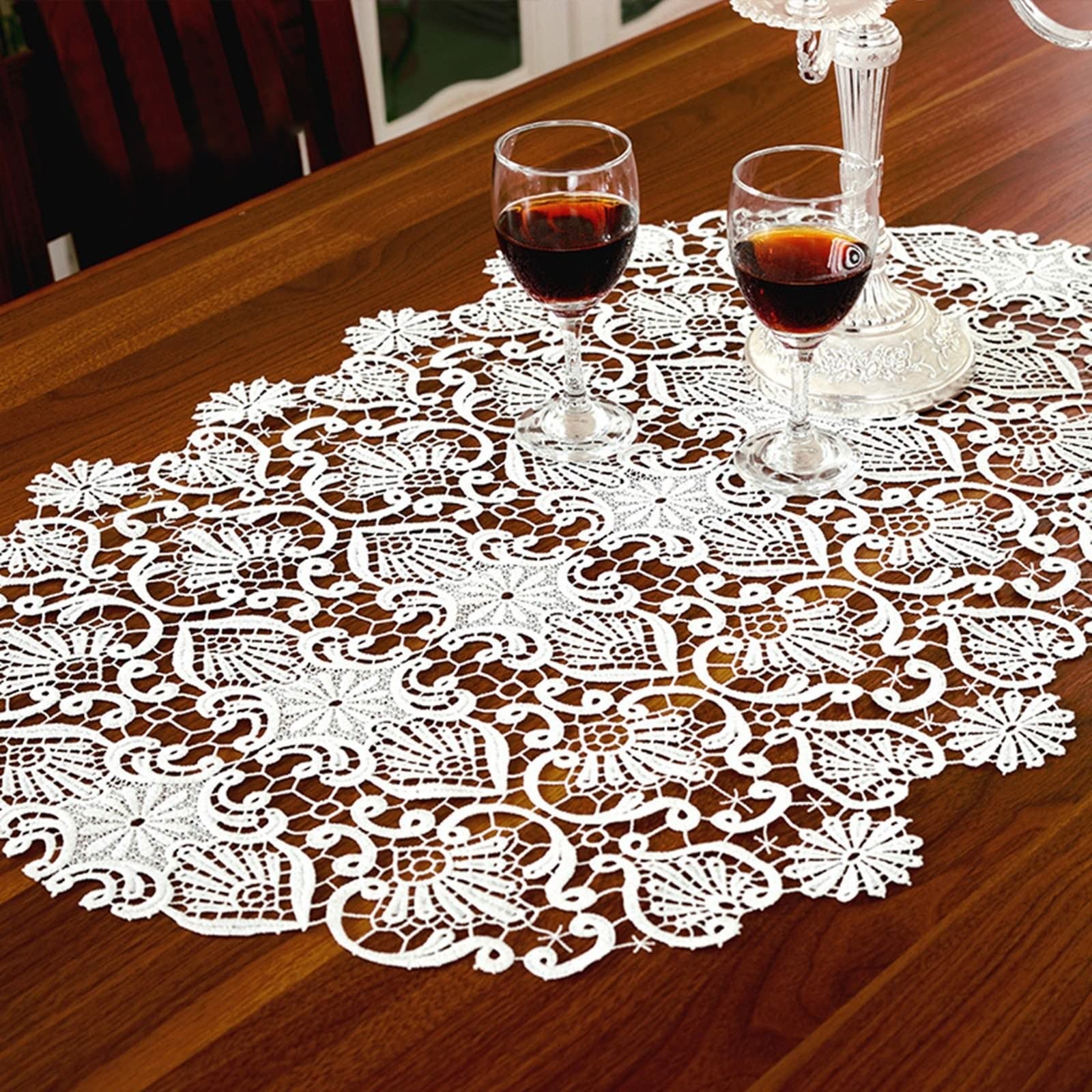 Runner da tavola per matrimonio, bianco, runner da tavola in pizzo, vintage, con ricamo cavo, in poliestere, 50 x 120 cm