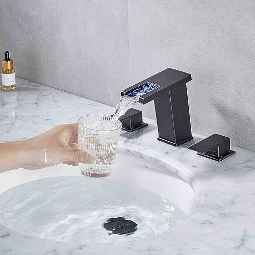 Miniatura 10 de Grifo generalizado de luz LED para níquel cepillado de 3 agujeros, 8 pulgadas, grifo de baño moderno de cascada con drenaje desplegable y manguera