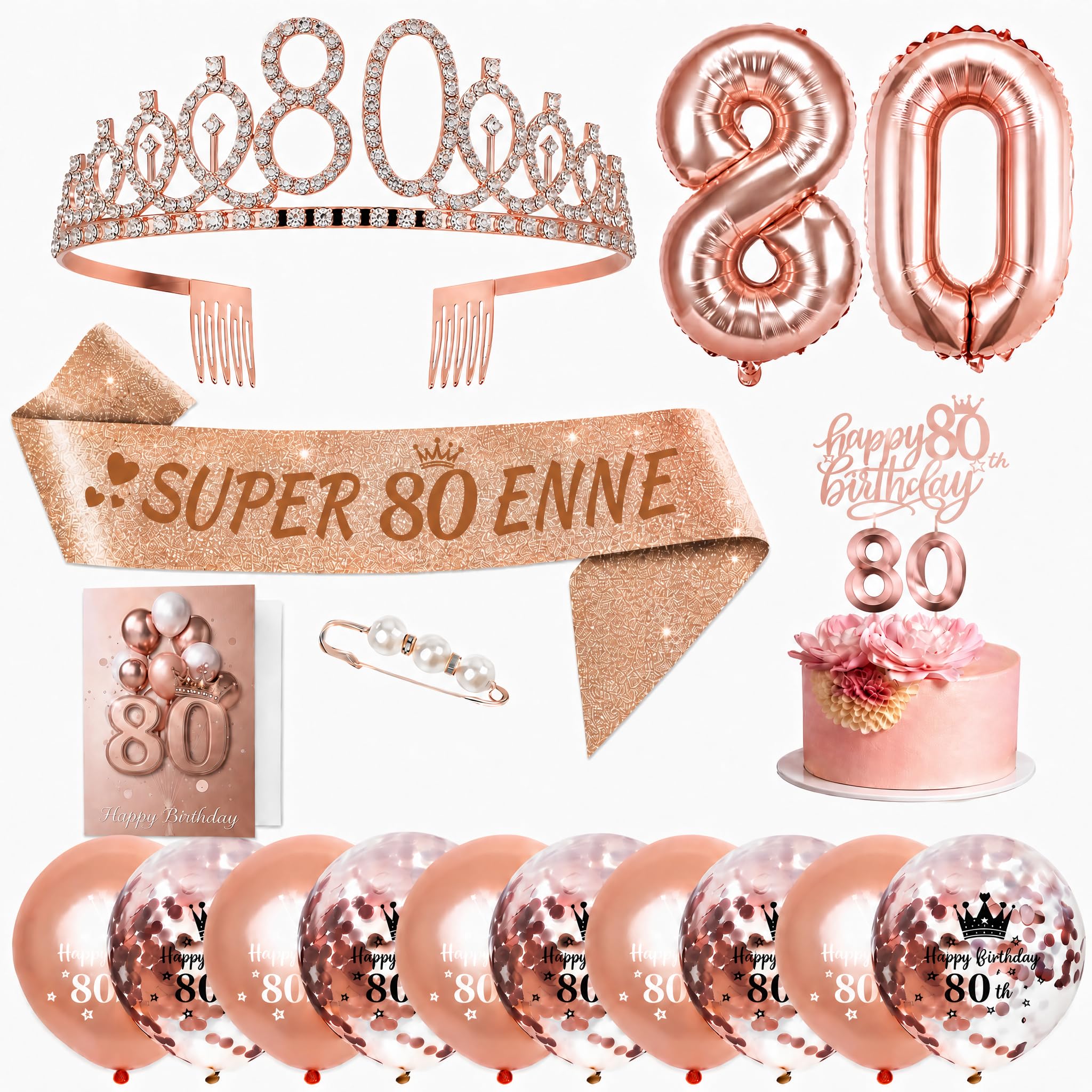 Kit Decorazioni Compleanno Donna Oro Rosa, con Fascia, Diadema, Palloncini, Cake Topper, Candeline e Biglietto di Auguri, 18 30 40 50 60 70 80 Anni (80 Anni)