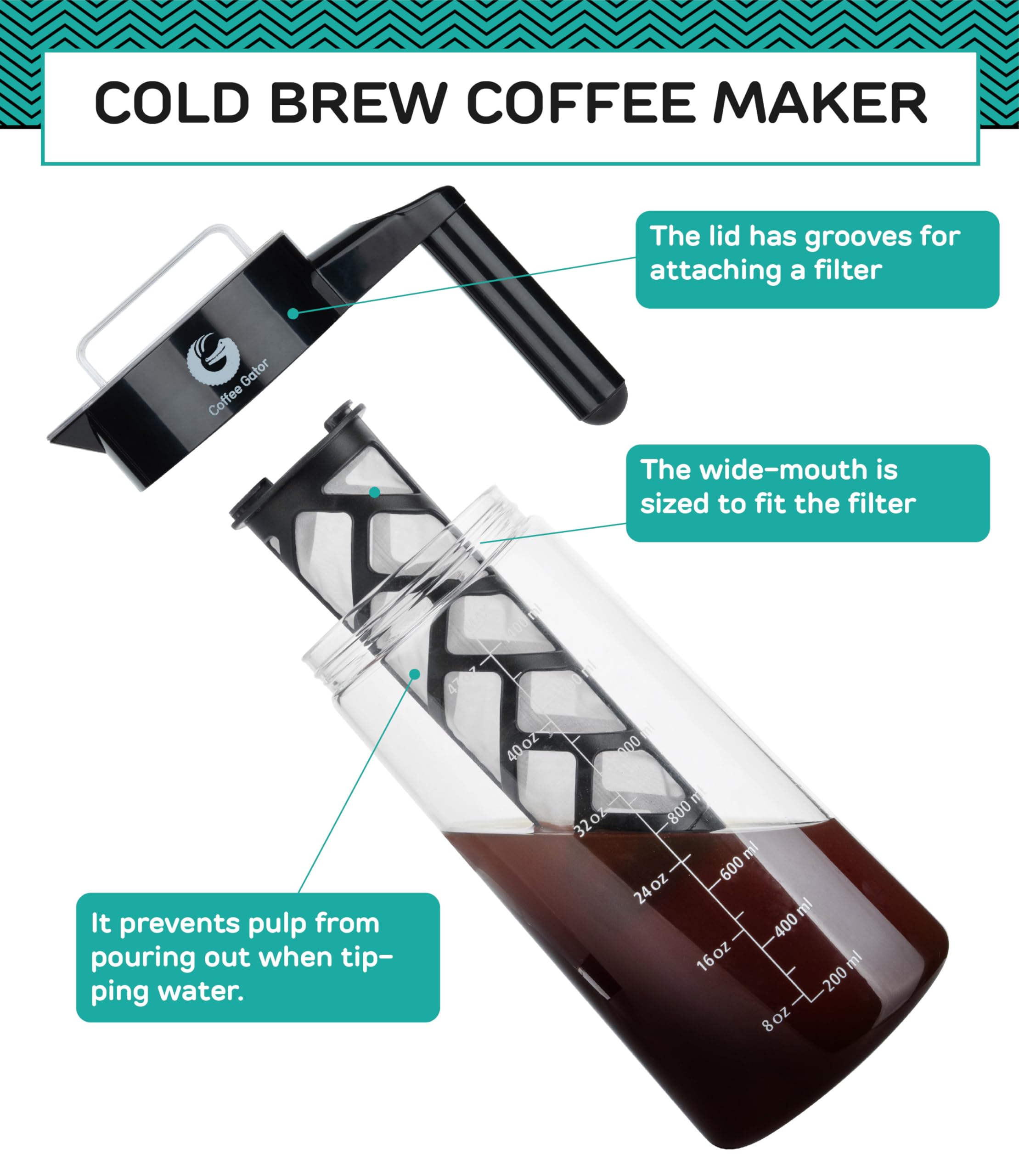 Caffettiera Manuale con Infusore per Fare Il caffè Freddo o Cold Brew Coffee di Coffee Gator - Macchina da caffè per Gli Appassionati di Slow Coffee - Caraffa in Vetro con Filtro - Anche per Il tè