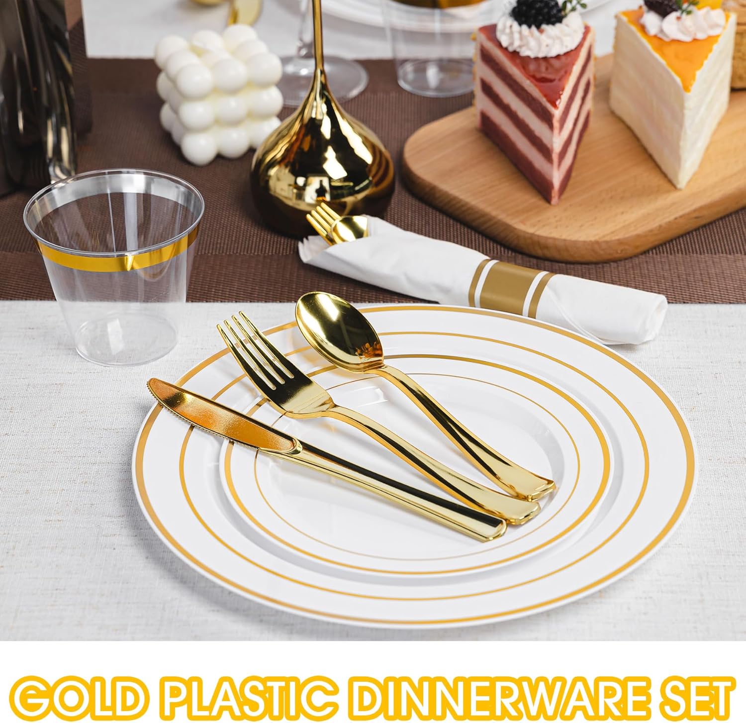 350PCS Gold Plastic Plates Dinnerware Set, Thanksgiving Disposable Plates, 50 Dinner and 50 Dessert Plates, 50 Pre Rolled Napkins with Silverware and 50 Cups for Party and Wedding - Image 3