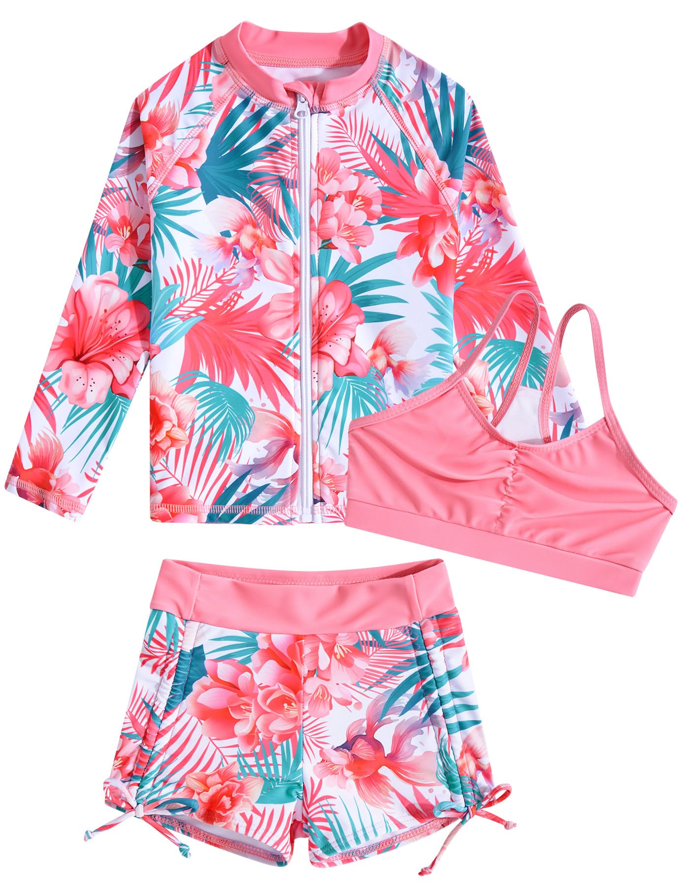 Funnycokid Girls Swimsuit 3 Pieces Zip Rash Guard Set Bikini Bathing Suits Boyshort Summer Kids Swimwear 3-10 Years