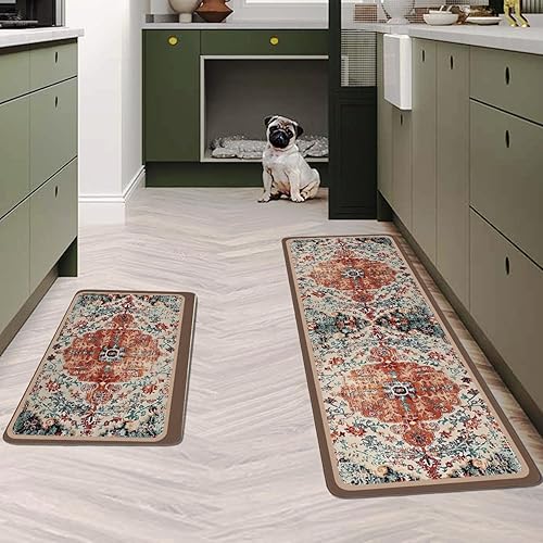 Miniatura 3 de Juego de alfombras de cocina de estilo bohemio naranja, 2 piezas, alfombras de cocina lavables antideslizantes (17 x 48 + 17 x 24 pulgadas)