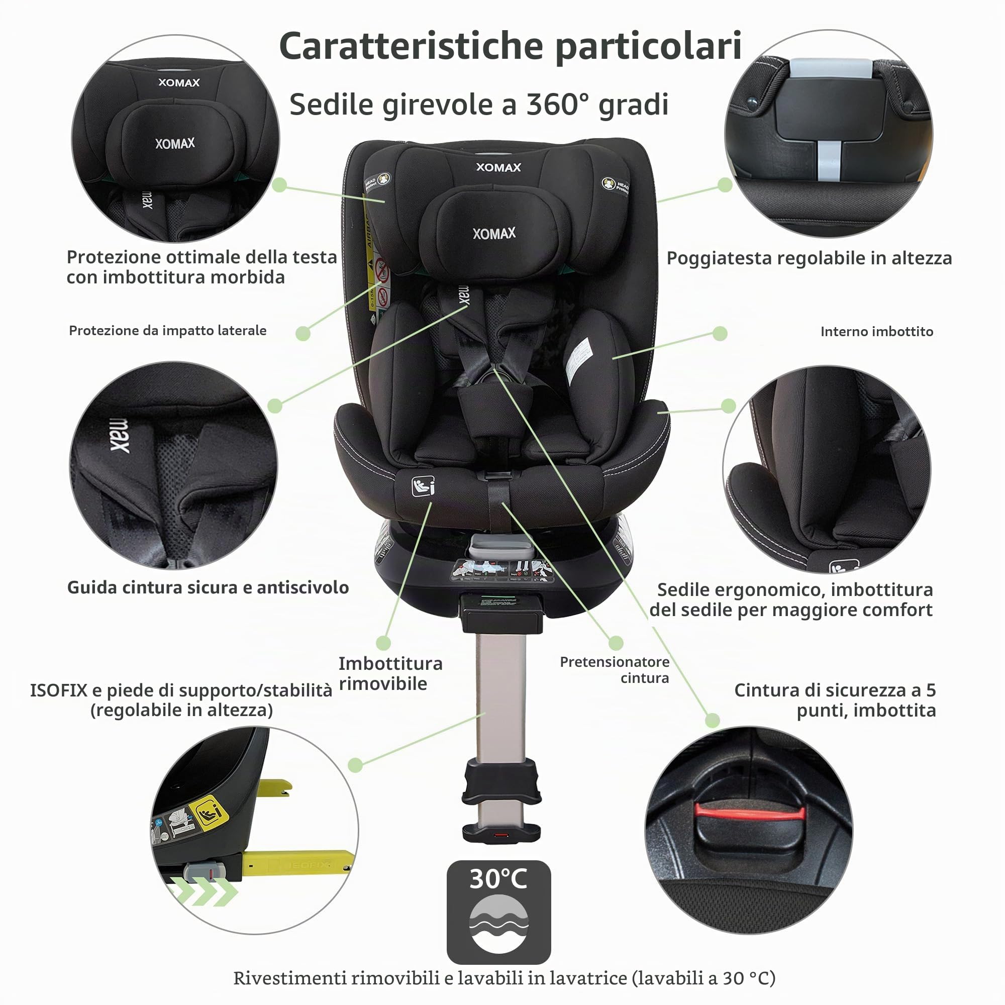 XOMAX G409 - Seggiolino girevole a 360°, base ISOFIX I con crescita, 0 – 36 kg, 0 – 12 anni, gruppo 0+/1/2/3, cintura a 5 punti, cintura a 3 punti, rivestimento lavabile I ECE R129