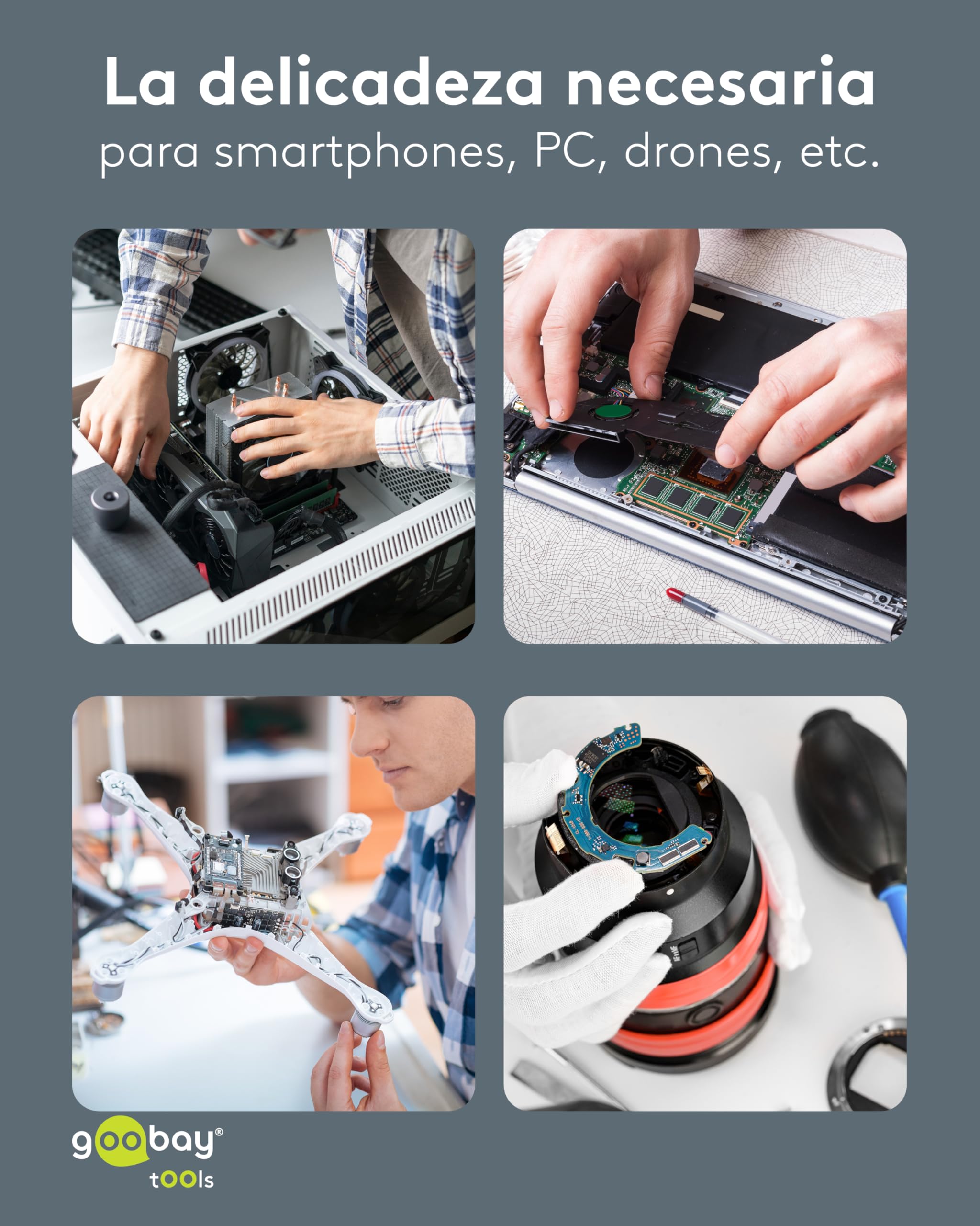 goobay Destornillador eléctrico a batería 58 en 1 con 50 puntas de precisión, funda de aluminio magnética, 4 luces LED de trabajo, carga USB-C, ideal para electrónica, mecánica precisión y bricolaje