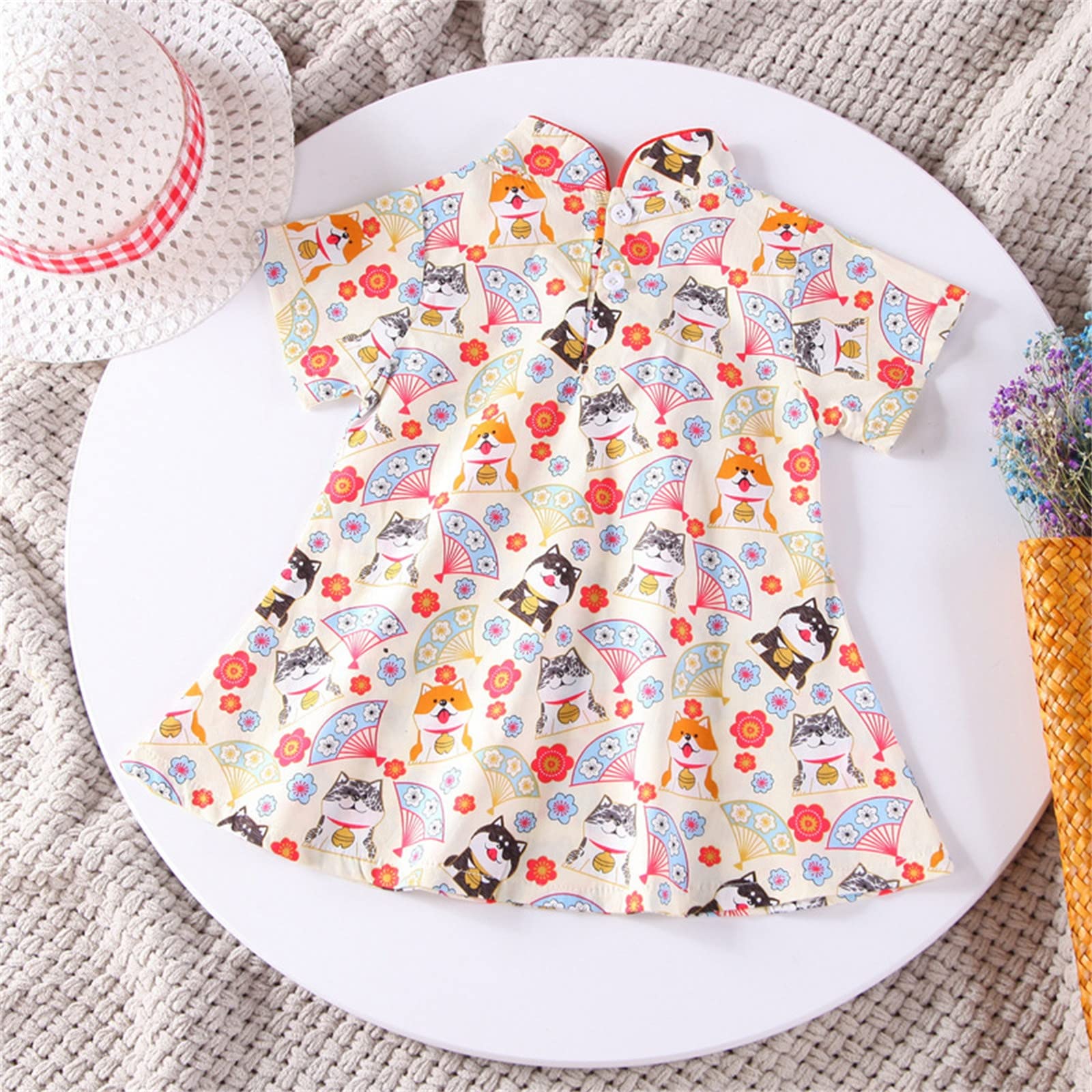 Kids Toddler Infant Baby Girls Cartoon Print Patchwork Cheongsam Princess Dress Summer Swimming (White, 12-24 Months)