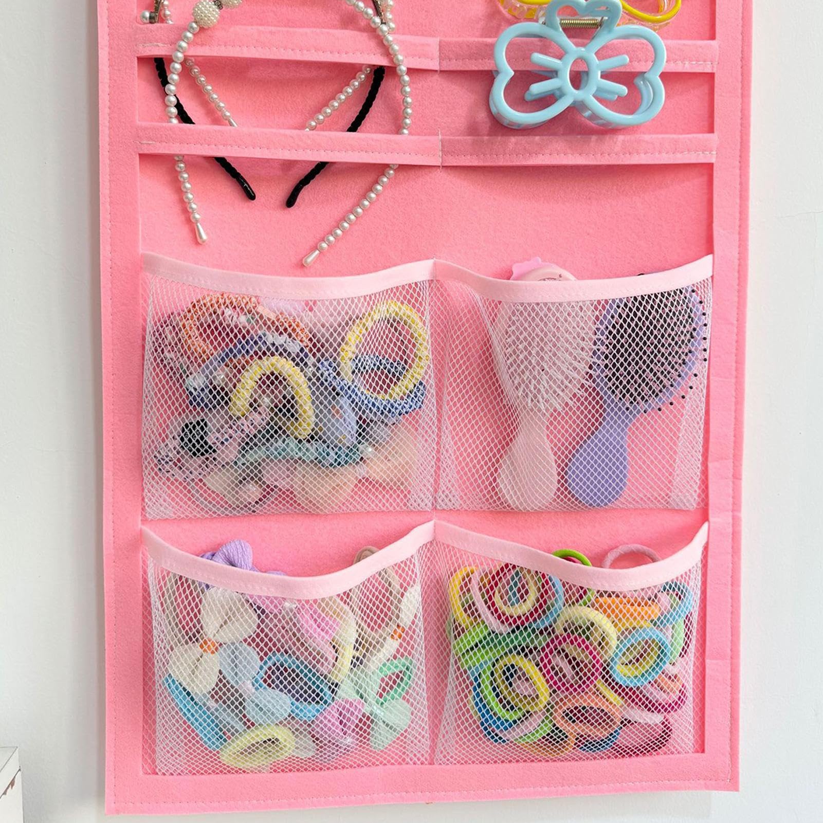 Organizer per fiocchi per capelli, borse da parete con tasca in rete, supporto per fiocchi per ragazze, decorazione per la stanza per figlie, bambini, fasce per capelli, gioielli, scrunchies, occhiali