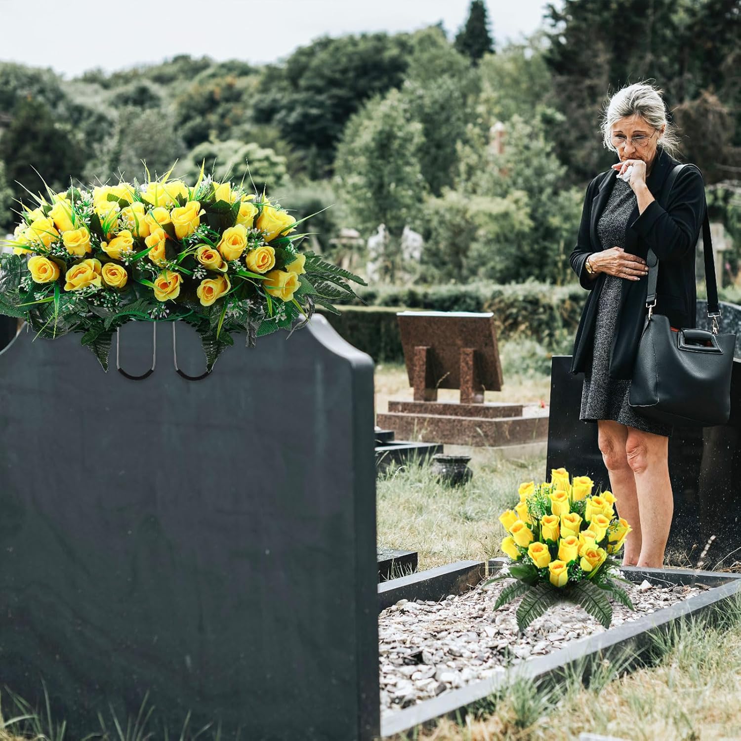 XunYee 3 Pcs Artificial Cemetery Flower Set Cemetery Flowers Saddle Flowers Rose Bouquets with Vase 1 Saddle and 2 Memorial Bouquets for Outdoor Headstone Decor Grave(Yellow)