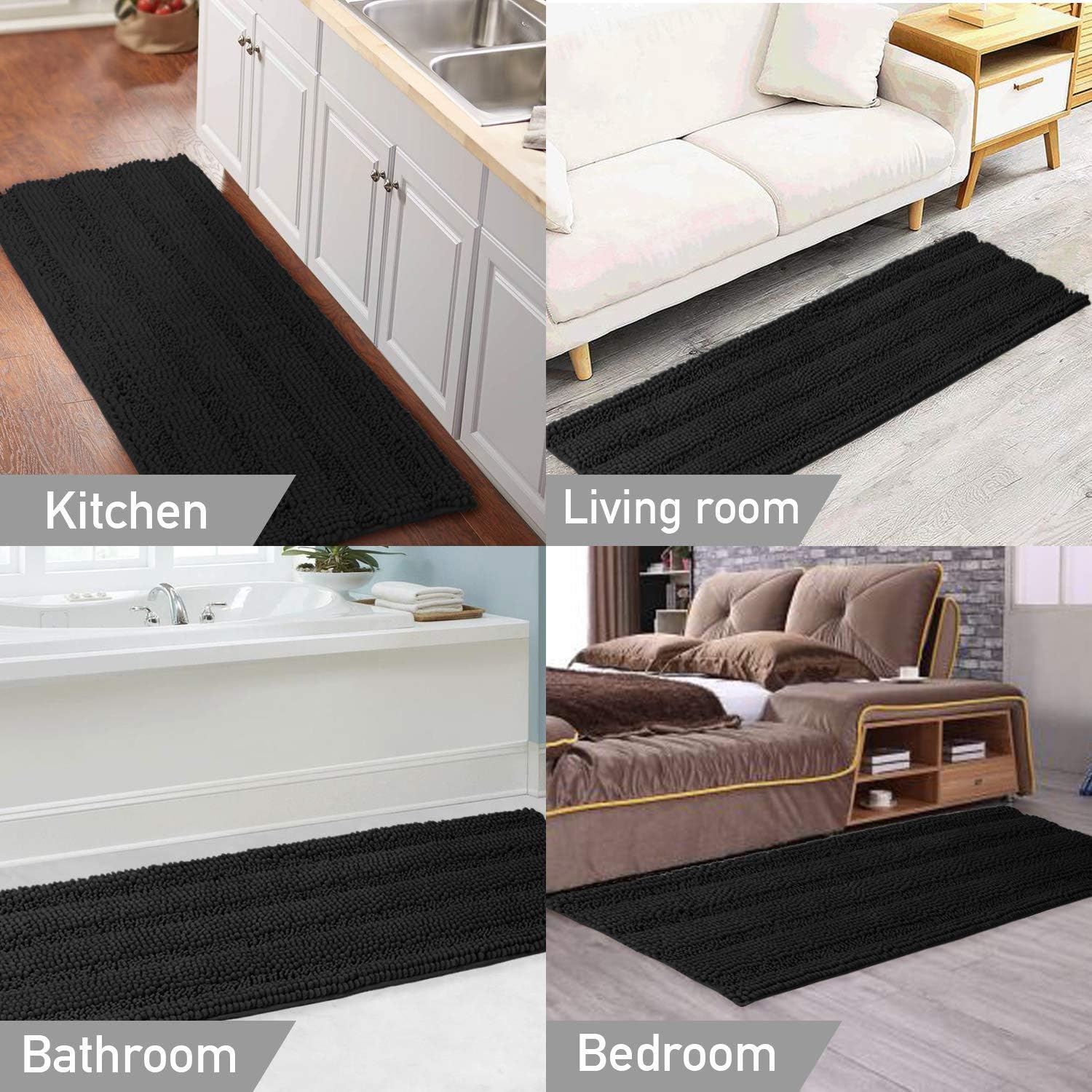 Turquoize Chenille Bath Rug Bundle Order Bath Runner 59" X 20" and Bath Rug Set 32" x 20"/17" x 24" Black