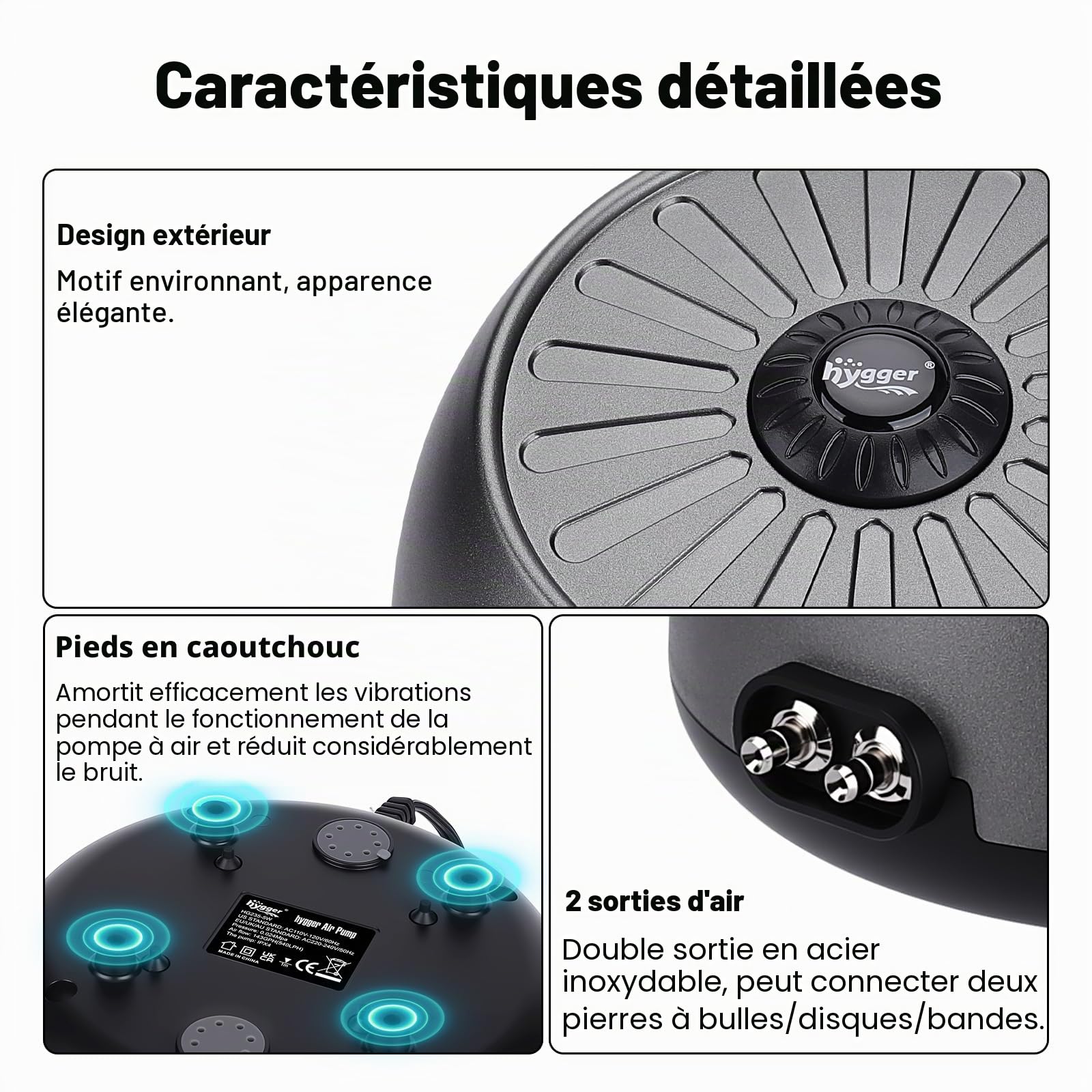 hygger Pompe à Air Aquarium Réglable, Bulleur Ultra-silencieuse <35 DB Pompe à Oxygène pour Aquari avec 2 Sorties avec Accessoires pour Réservoir