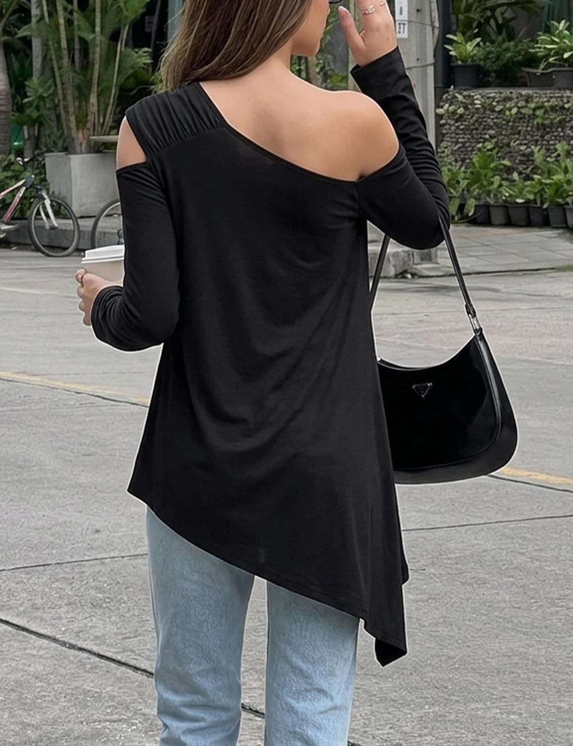 UOOZEE Women's Off Shoulder Long Sleeve Tunic Tops One Shoulder Asymmetrical Hem Shirts Loose Going Out Tops Blouses