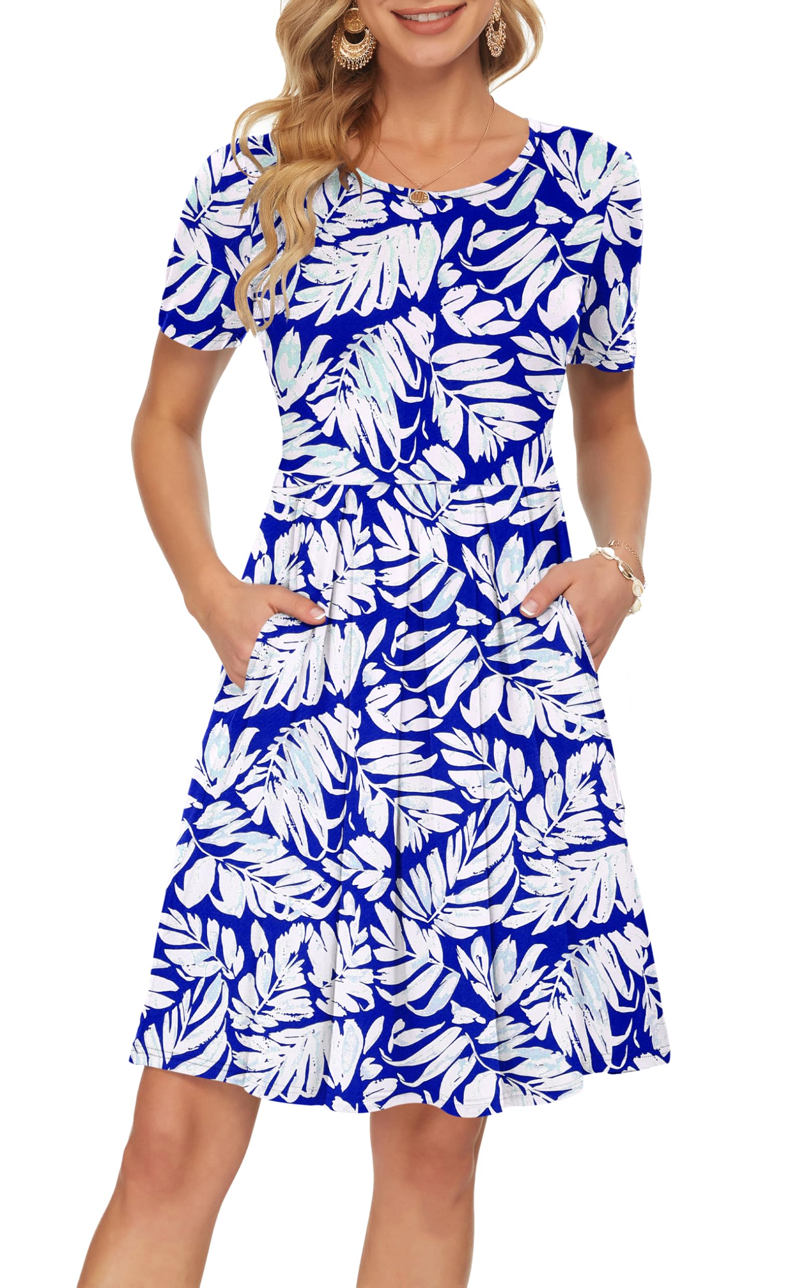 AUSELILY Women's Short Sleeve Pleated Swing Summer Dress with Pockets