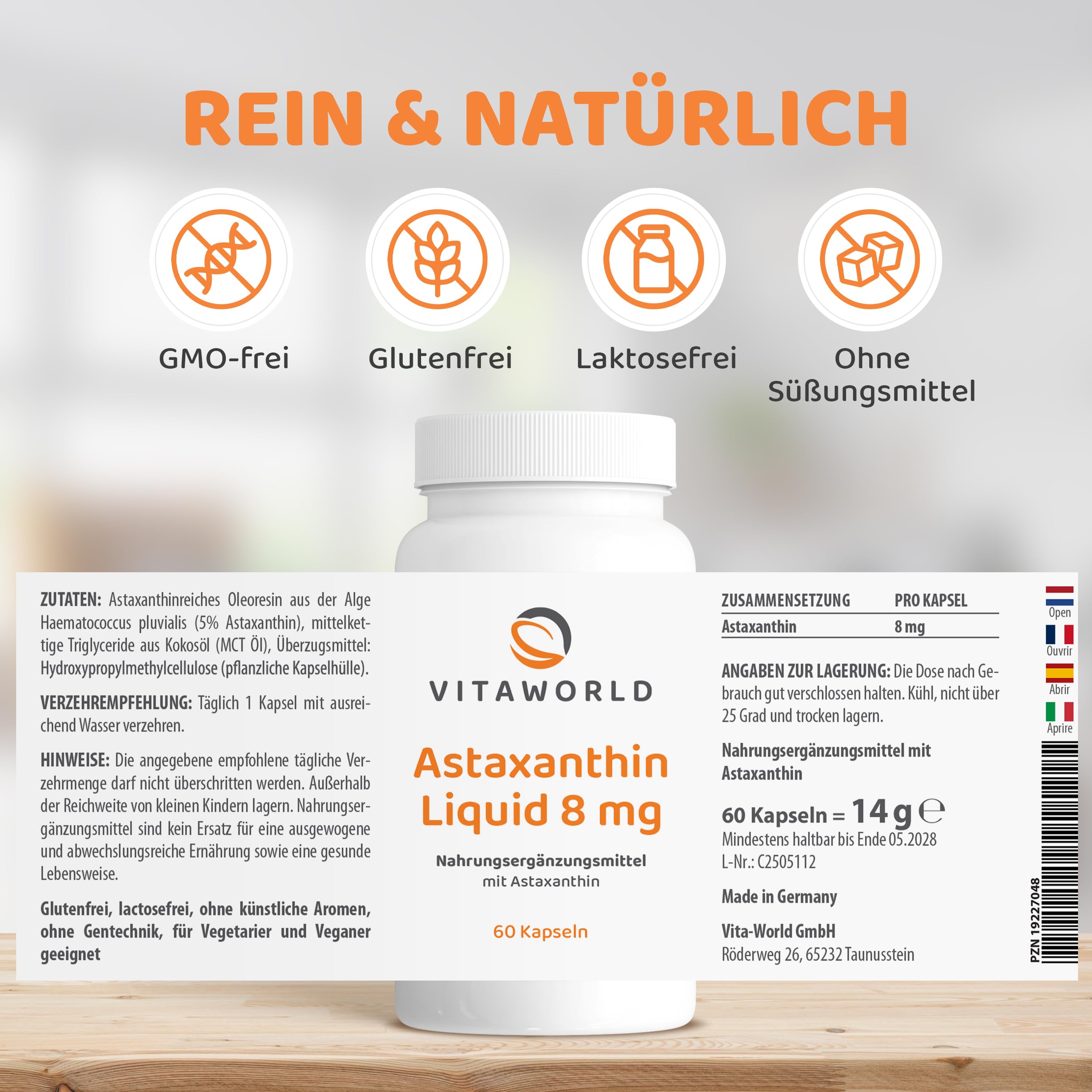 Astaxanthin Liquid - Astaxanthin hochdosiert 8mg pro Tag (60 vegane Kapseln) – flüssiges Astaxanthin aus Haematococcus pluvialis Alge mit MCT-Öl – hohe Bioverfügbarkeit – ohne Zusätze – vitaworld