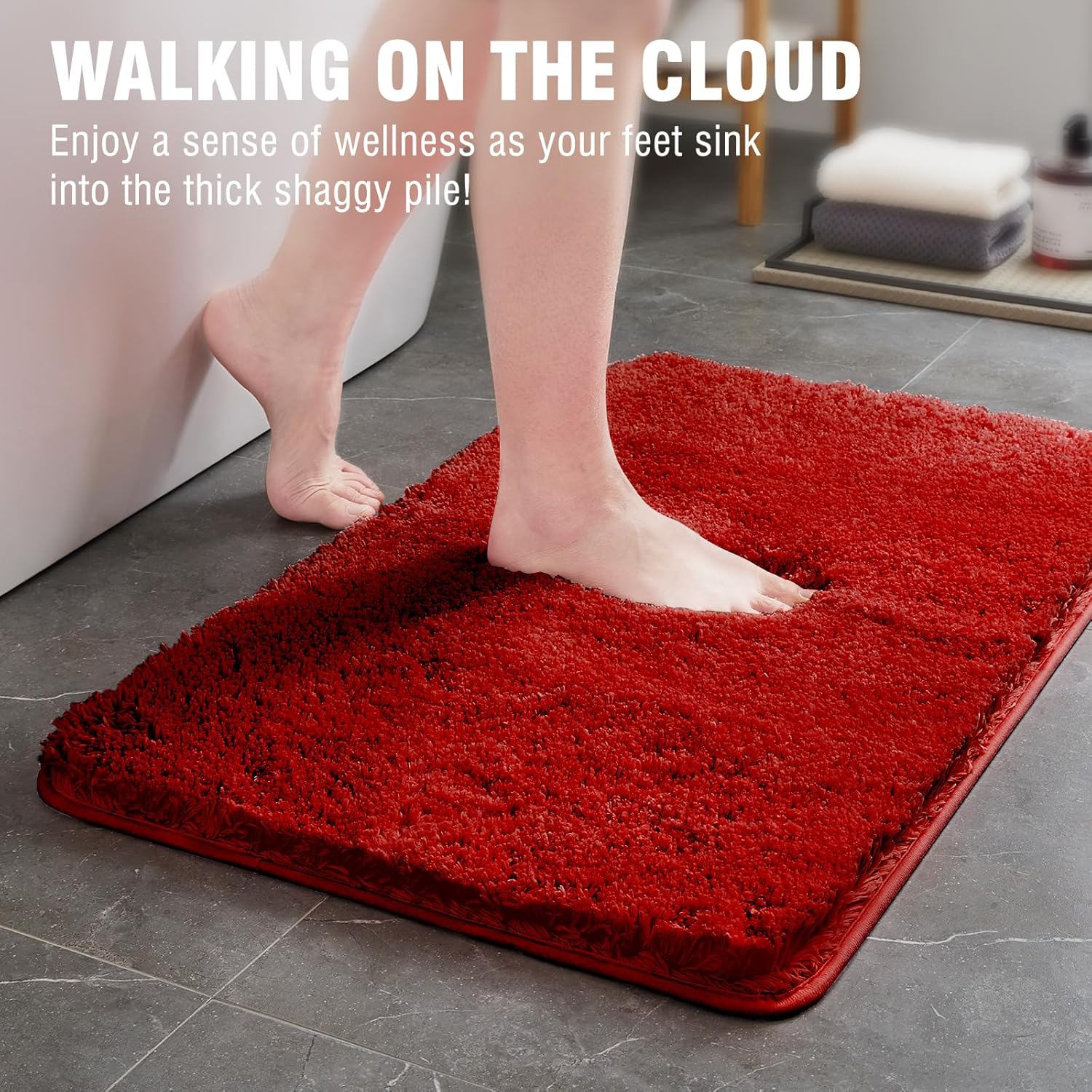 TECHMILLY Super Soft Shaggy Bathroom Runner Rugs, Absorbent Thick Non Slip Microfiber Bath Rugs, Quick Dry Machine Washable Bath Mat for Bathroom Floor, Bathtub and Shower 17"x47" Red