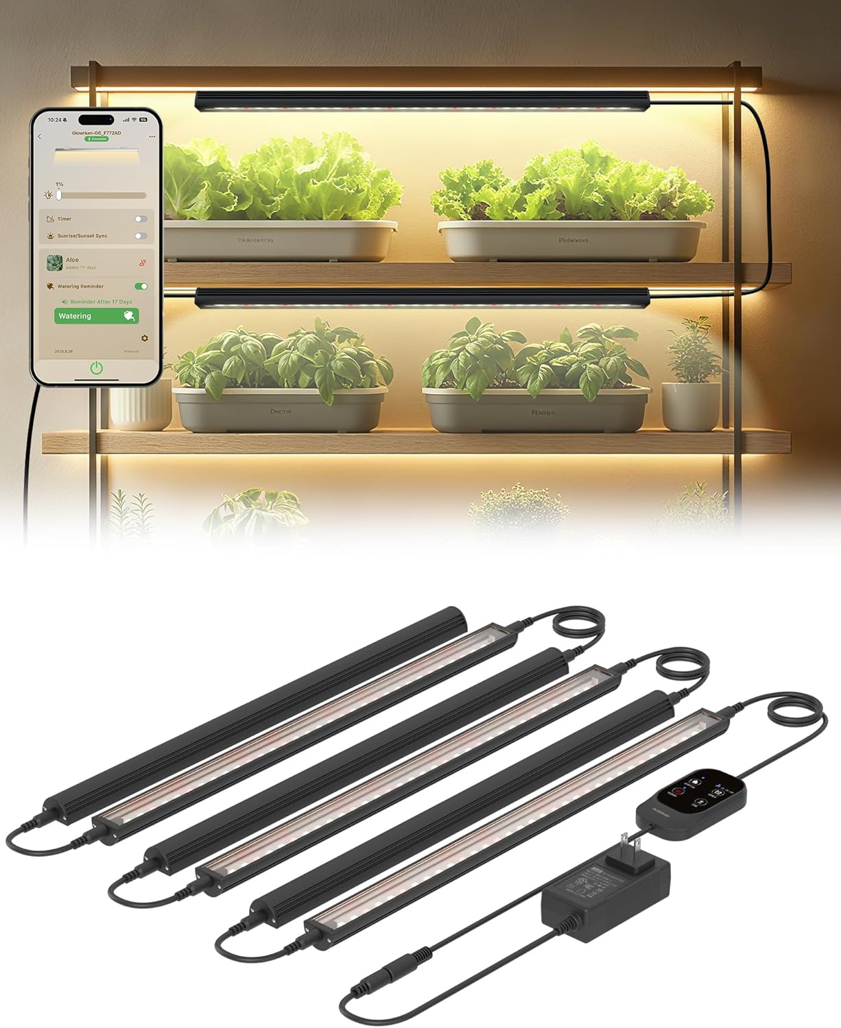 Smart Grow Light for Indoor Plants,3500K Full Spectrum LED Plant Light Strips with 3/9/12H Auto Timer,Stepless Dimming,Modular Design,Plug and Play (Black, 6 Pack 48W)