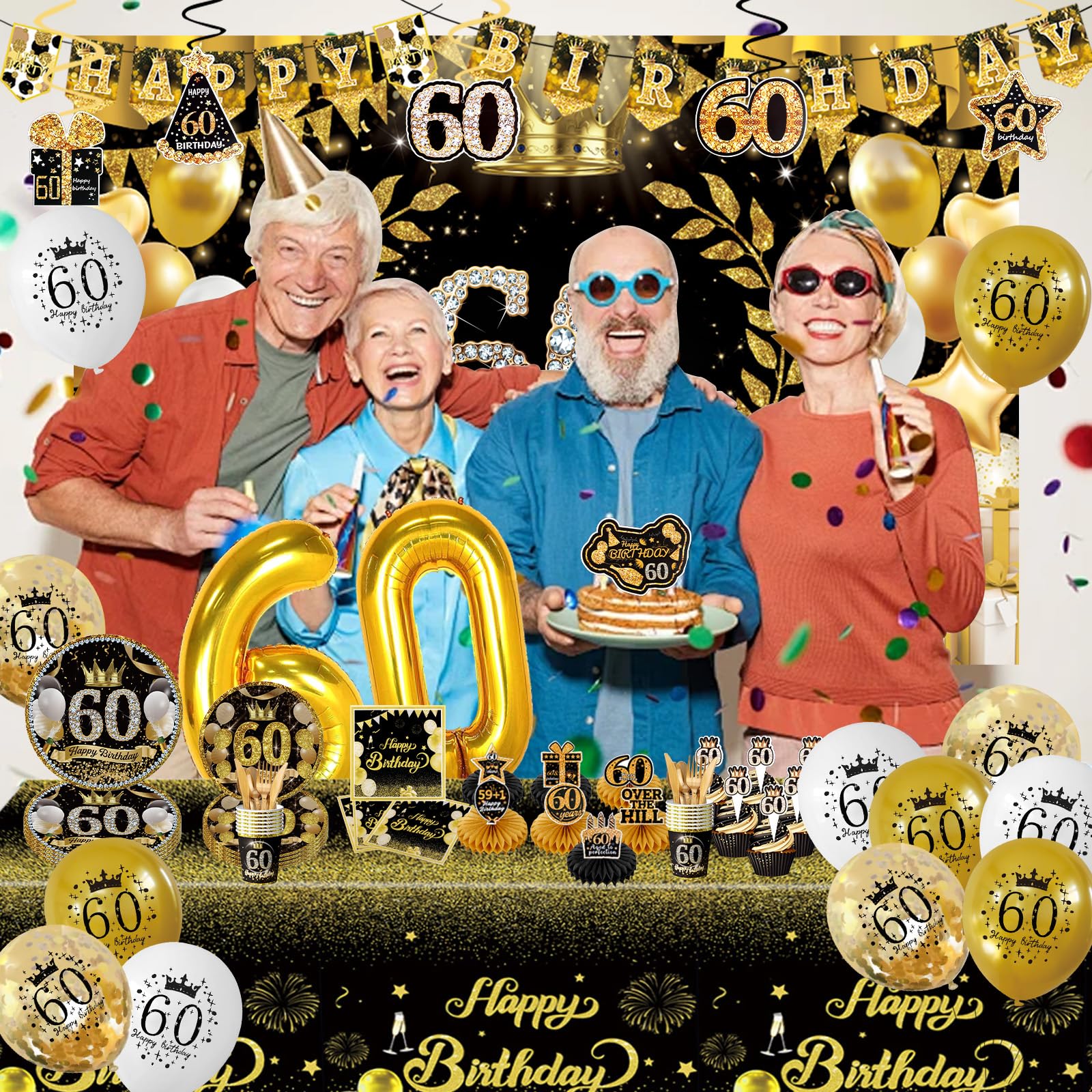164 piezas de decoraciones de feliz cumpleaños negro y dorado, decoraciones de cumpleaños de fiesta de cumpleaños negro y dorado, suministros de fiesta de feliz cumpleaños para hombres y mujeres,